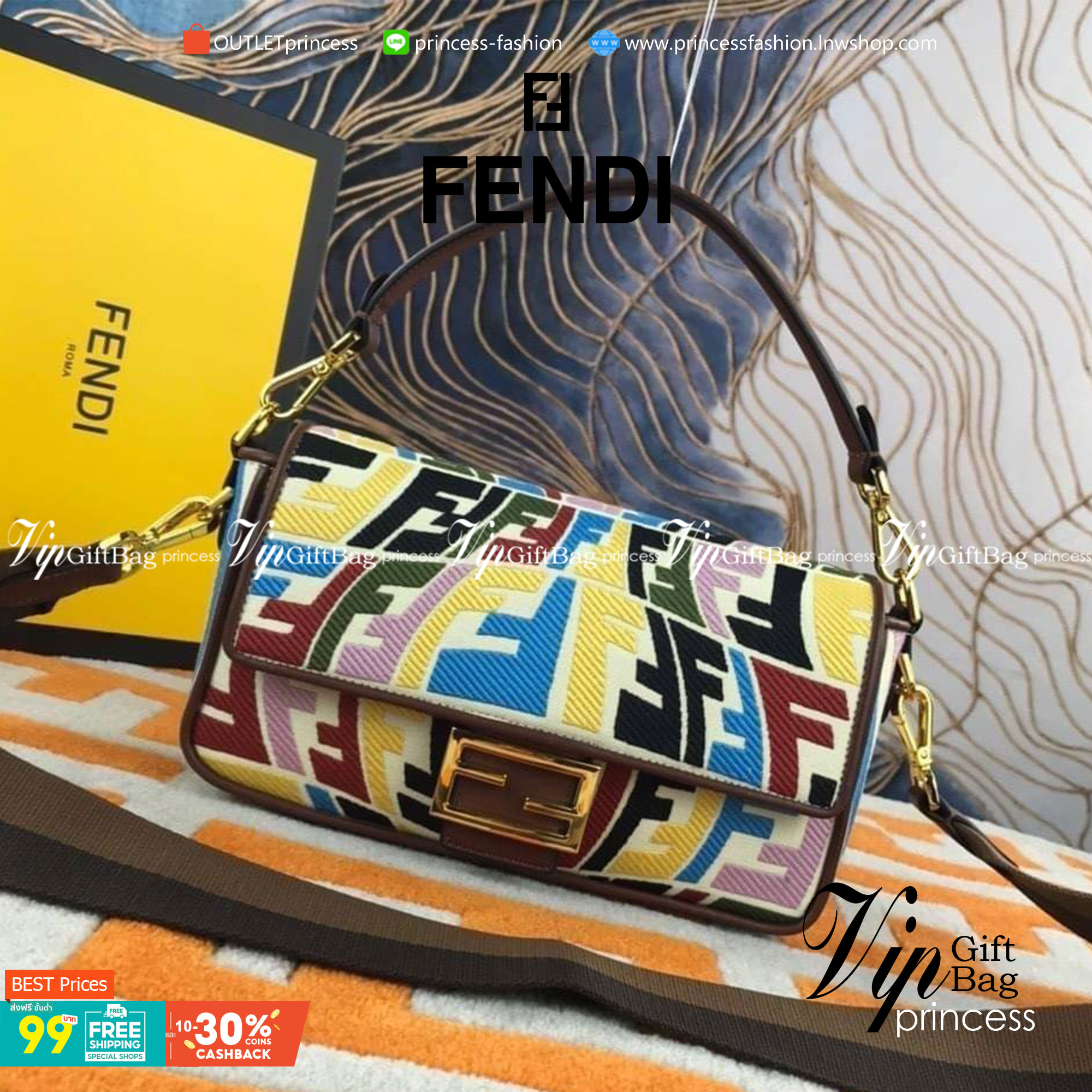 VIP GIFT 】FENDI BAGUETTE SUMMER 2021 CANVAS SHOULDER BAG กระเป๋าสะพายพรีเมี่ยมกิ๊ฟ หายาก สีคัลเลอร์ฟูลสุดใส โดดเด่น ดีไซน์ปั๊มโลโก้รอบใบ วัสดุผ้าแคนวาส ทนทาน มาพร้อมสาย 2 แบบ สำหรับคล้องแขน และสายครอสบอดี้สีทูโทน เปิด-ปิดด้วยกระดุมแม่เหล็ก ภายในเป็นช่องโล