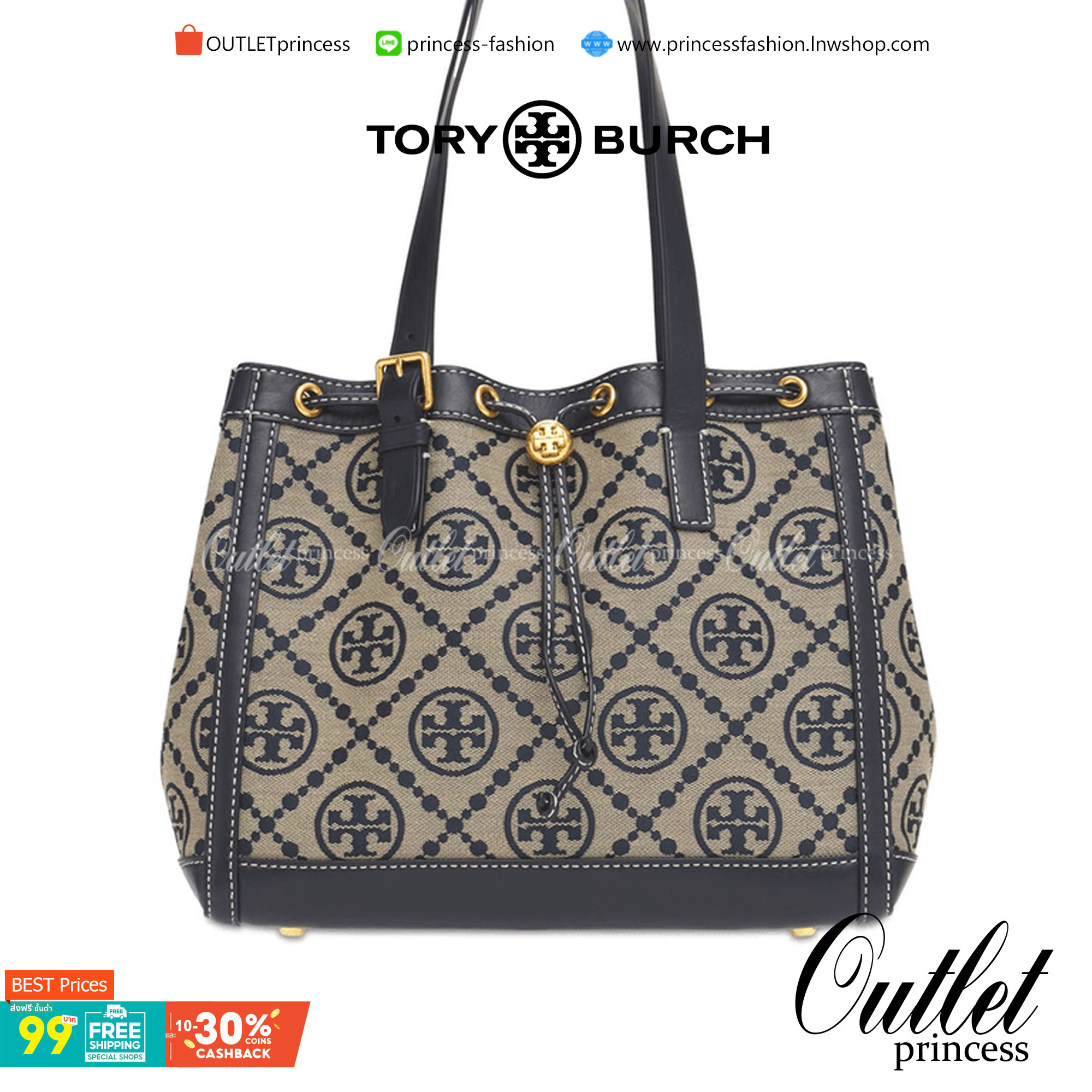 TORY BURCH FACTORY MONOGRAM JACQUARD TOTE BAG กระเป๋าถือหรือสะพายรุ่นล่าสุดดีไซน์ยอดนิยมจาก TORY BURCH FACTORY OUTLET วัสดุ Woven Jacquard & Leather ทอลาย Jacquard Singnature แบรนด์รอบใบสวยอยู่ทรงเป็นเอกลักษณ์ เปิดปิดแบบ Drawstring ขนาดใหญ่กำลังดี กว้างแล