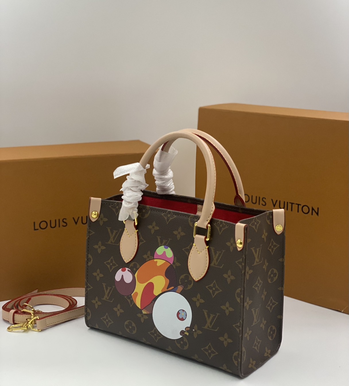 ORI | LV x TM OnTheGo BB Tote Bag กระเป๋าทรงโท้ทไซส์เล็กหนังแท้แคนวาสแท้ คอลใหม่พิมพ์ลาย Murakami สีสันสดใส