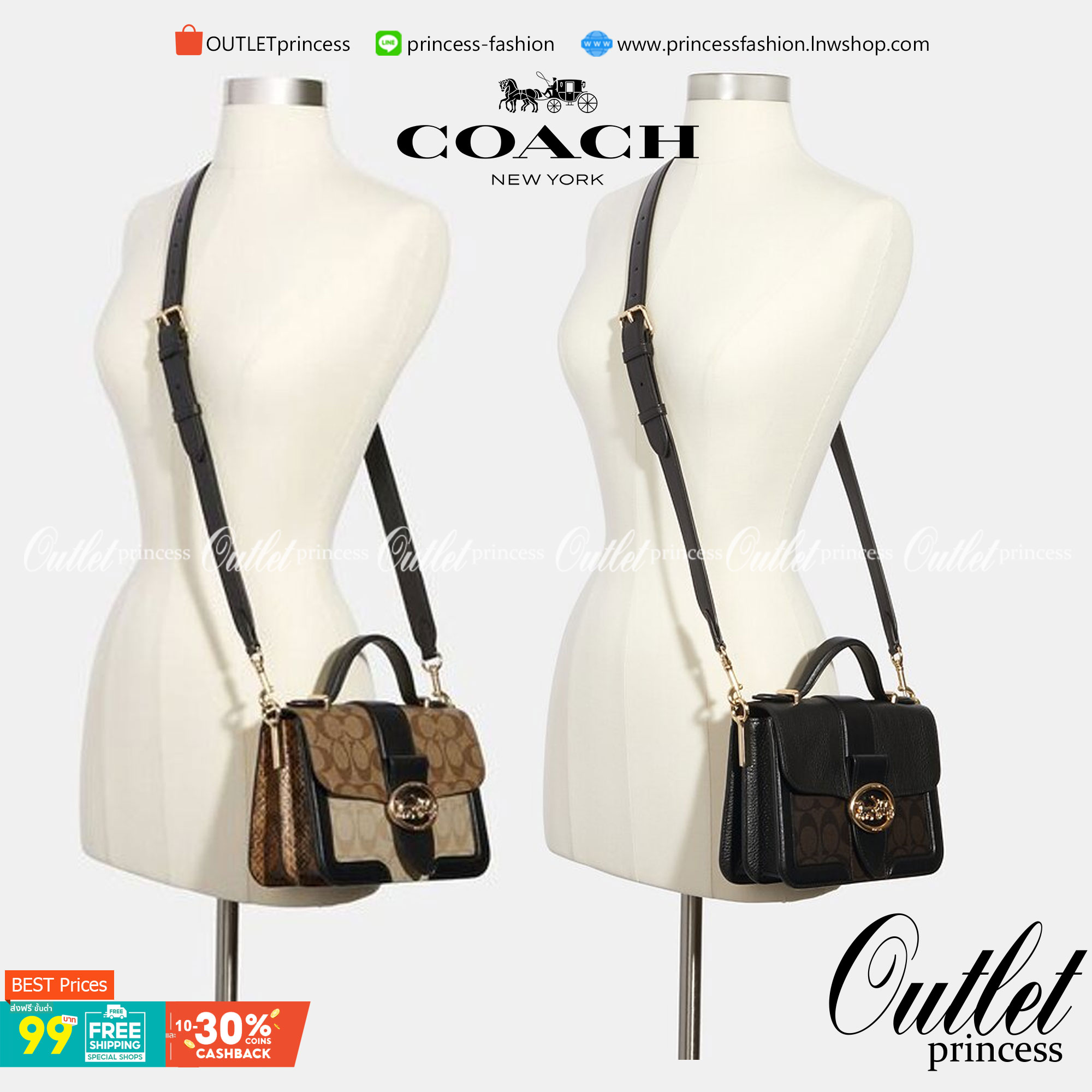 COACH SMALL GEORGIE TOP HANDLE IN BLOCKED SIGNATURE CANVAS ((6504//0468//6192//6015)) compact body portable shoulder bag 🌈ห้ามพลาด รุ่นแนะนำค่าา! พร้อมส่งทันที! กระเป๋าหิ้ว//สะพายข้างได้ วัสดุหนังแท้ 🔺หนึ่งใบทำลายหนังผสมกัน3แบบได้ลงตัวสวยง