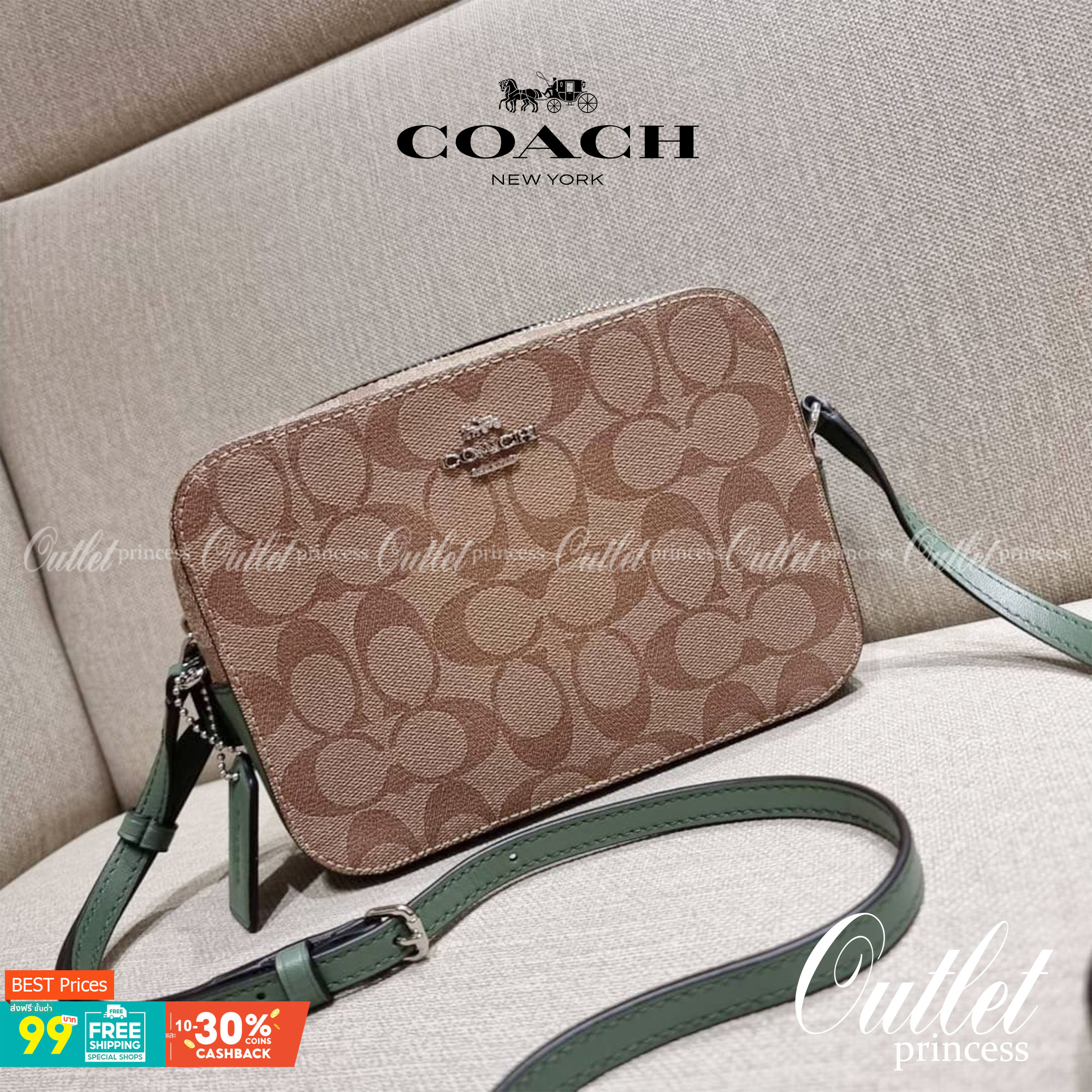 COACH 91677 MINI CAMERA BAG IN SIGNATURE CANVAS สีมาใหม่ รุ่นขายดีที่สุด!! กระเป๋าสะพายข้างไซส์มินิ คลาสสิคอยู่ทรง อะไหลเงินเรียบหรู วัสดุหนังแคนวาสเคลือบลาย เปิด-ปิดด้วยซิป สายสะพายปรับได้ตามตัว ใบนี้แมทช์ได้ทุกลุค ใช้เป็น everyday bag ได้สบายๆเลยจ้า &#x