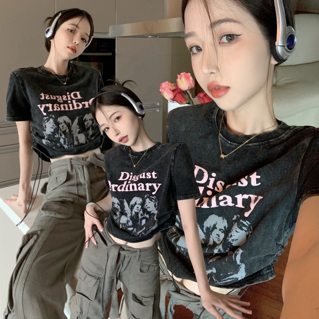 พร้อมส่ง 🐆 🩰🍅 Y2K Tops เสื้อแขนสั้นสกรีนลายวงแต่งเชือกรูด (38025)