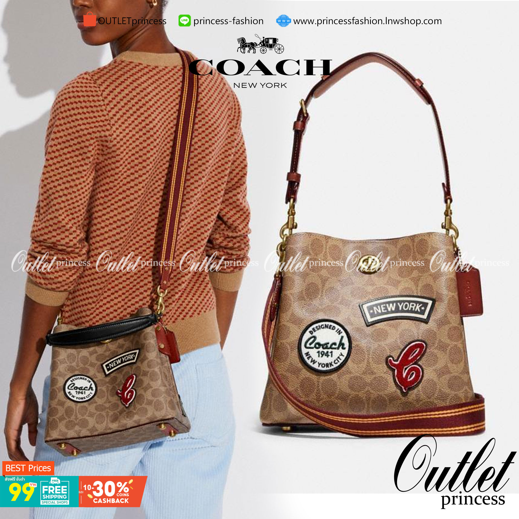 Coach Willow Bucket Bag In Signature Canvas With Patches รุ่นใหม่ล่าสุด พร้อมส่งที่ไทย