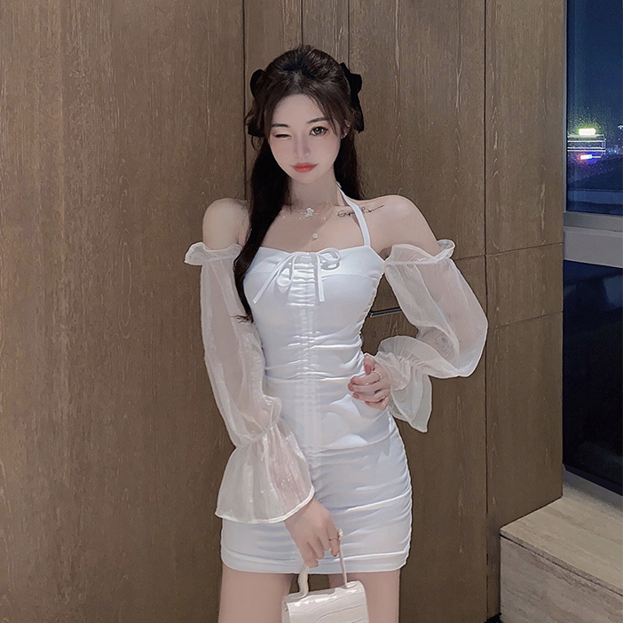 พร้อมส่ง ✨ Lucia dress เดรสสั้นแขนยาวเปิกไหล่แขนแต่งซีทรู (IN32104)