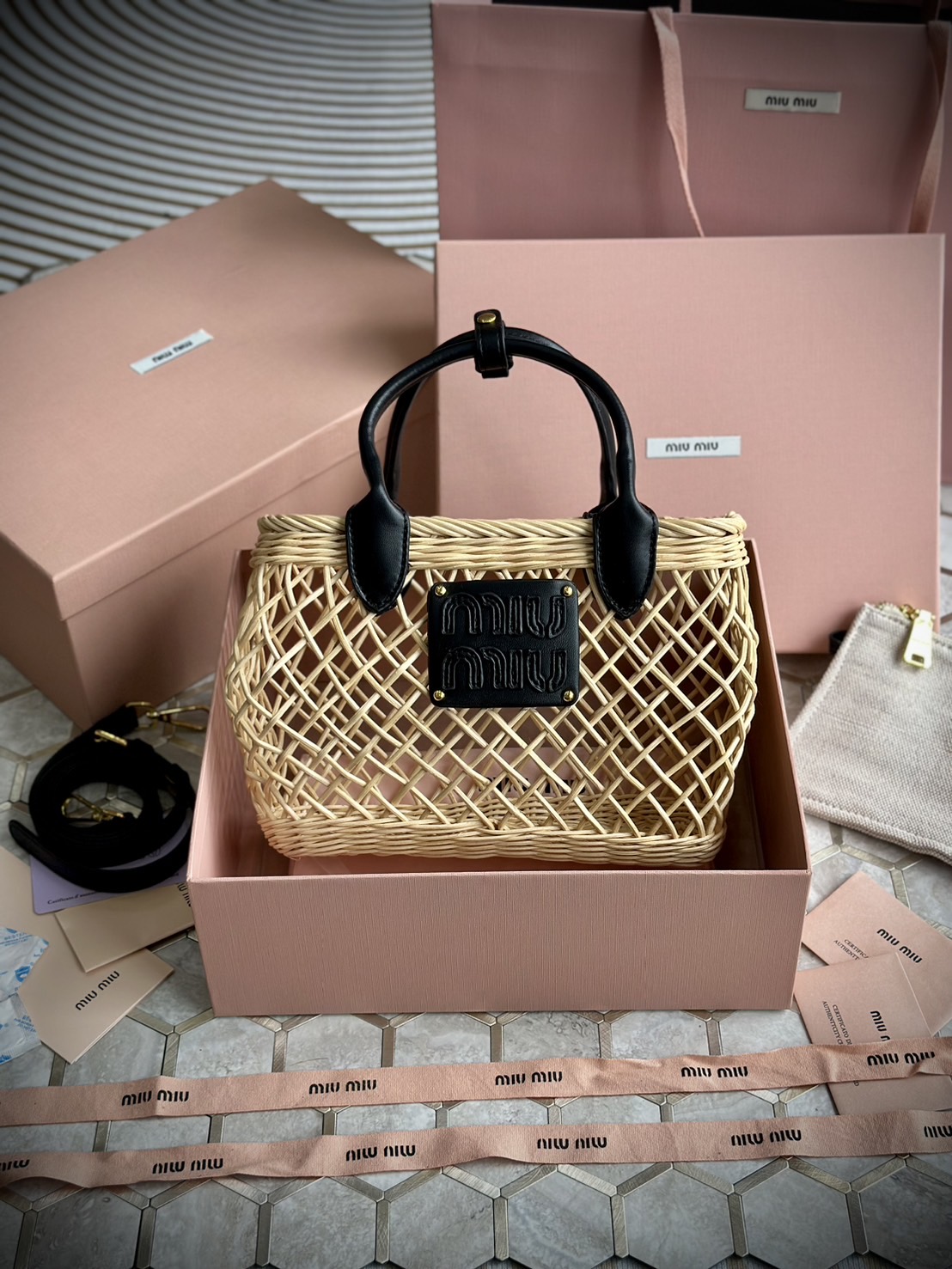 Miu Miu Woven fabric handbag with leather trim กระเป๋าสานดีไซส์ย้อนยุค
