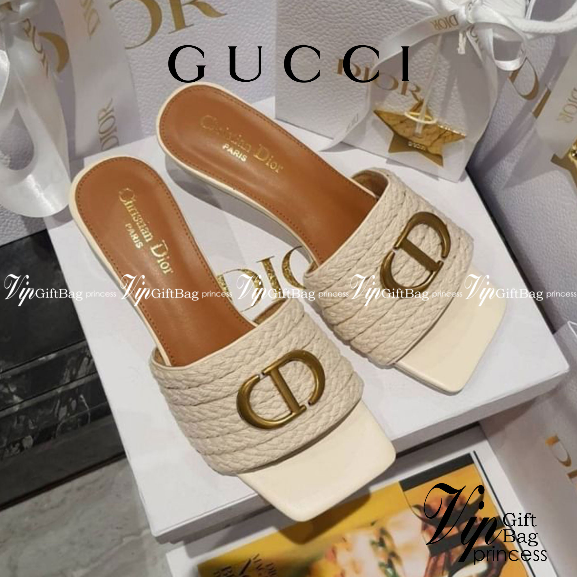 Christian Dior รองเท้างานสวมคาดเชือกถัก วางอะไหล่ CD ส้นแก้วใส ใส่สบาย น้ำหนักเบา ใส่ชิลๆ ได้ทั้งวันเลยค่ะ สวยหรูละมุนที่สุด มีจำกัดนะคะ