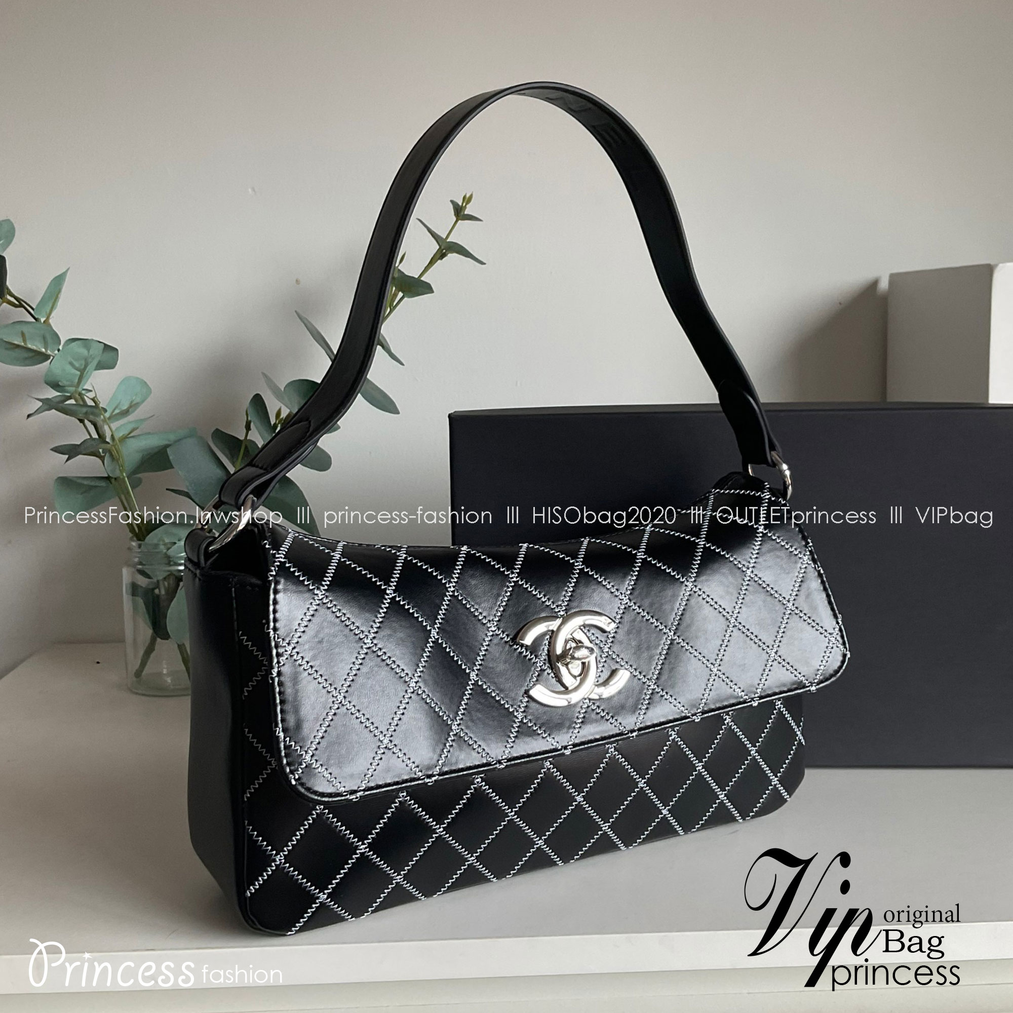 Chanel E/W Quilted Chain Stitch Flap Bag - Black Shoulder Bag / CHANEL VIP CROSSBODY BAG กระเป๋าทรงสะพายข้าง หนังพียู อะไหล่เงิน เย็บกิมมิคตารางสีขาว