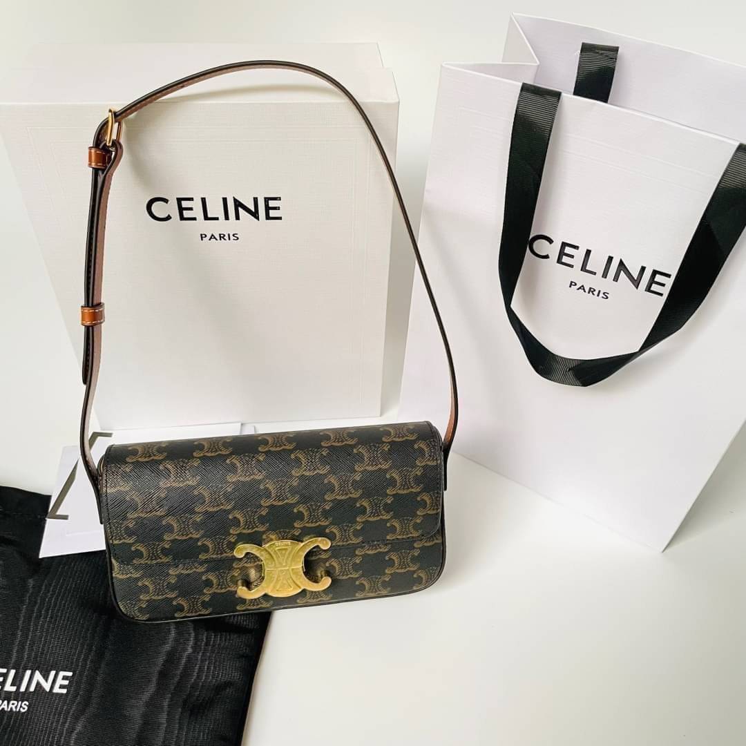 ORI CELINE Triomphe Shoulder Bag in Triomphe canvas and calfskin Tan เกรดออริจินอล หนังแท้ พร้อมส่งที่ไทย ภาพถ่ายจากงานขายจริง ใช้งานต่างประเทศได้