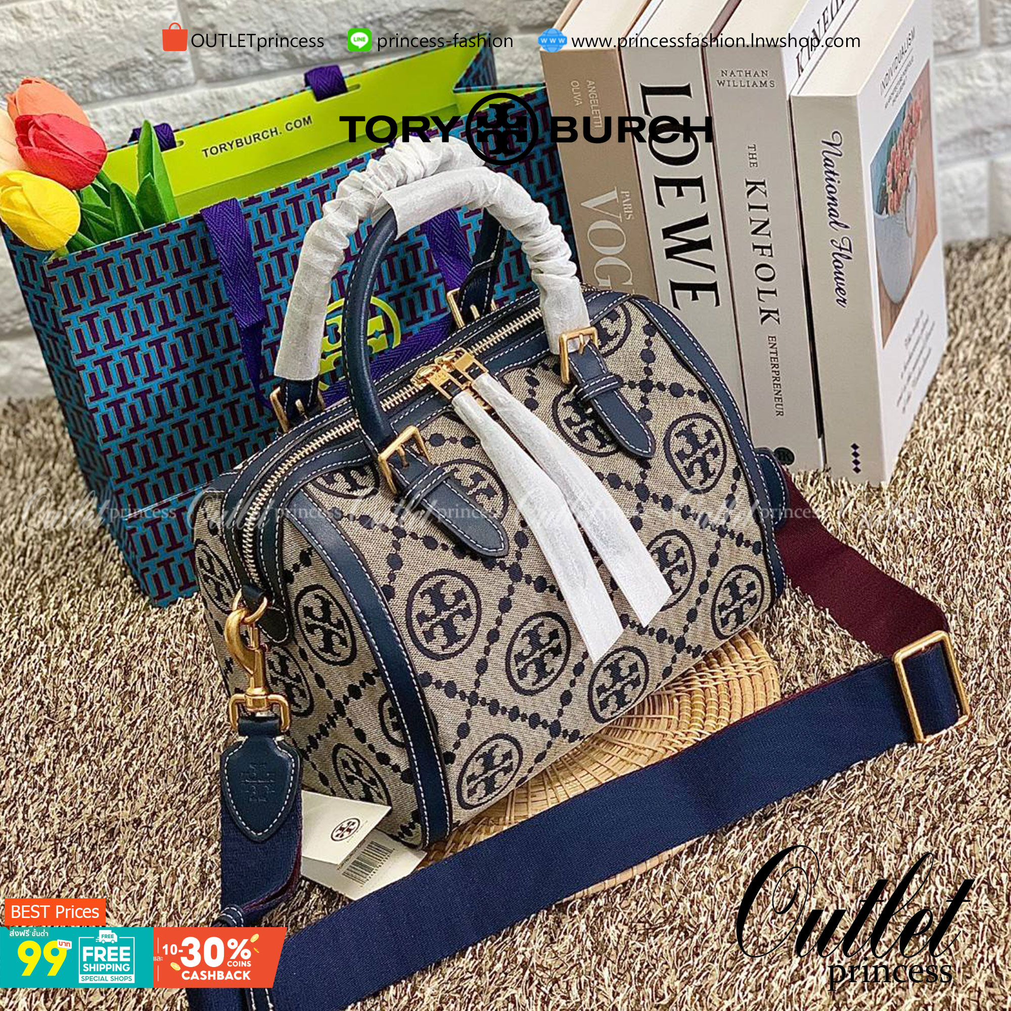 สวยก่อนใครแน่นอนค่ะนาทีนี้💋 💥รุ่นที่กำลังฮิตมากตอนนี้ของเหล่าคนดังใน ตปท.! TORY BURCH T MONOGRAM JACQUARD BARREL ((ใบใหญ่)) พร้อมส่งที่ไทยทันที! กระเป๋าทรงหมอนจาก Tory burch วัสดุ jacquardทอลายแบรด์+หนังแท้ ได้สวยงามหรู ดูคลาสสิคมากๆค่ะ เป