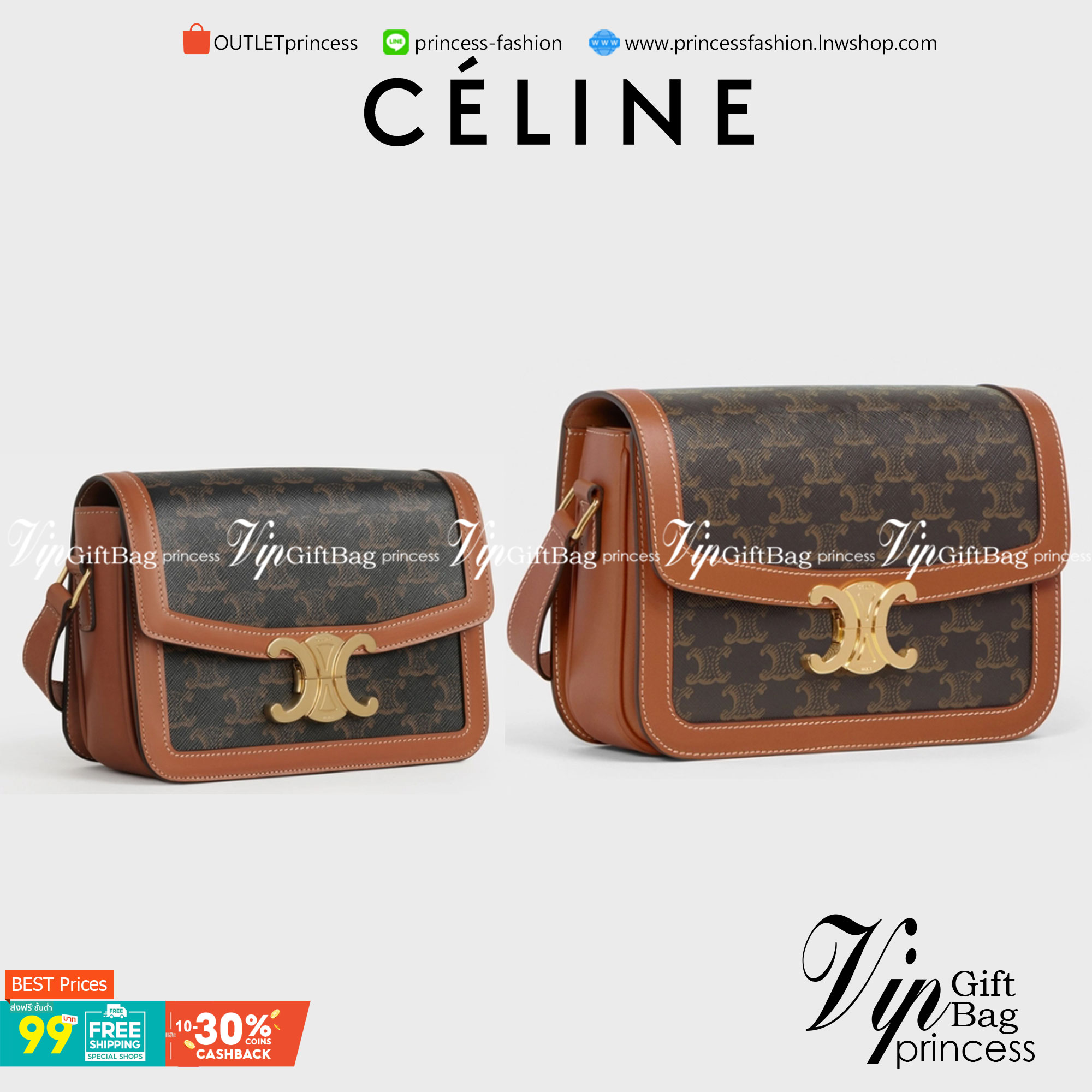 VIP 】𝗖𝗘𝗟𝗜𝗡𝗘 CROSSBODY VIP GIFT MEDIUM/TEEN TRIOMPHE BAG IN TRIOMPHE CANVAS AND CALFSKIN มี 2 ขนาด งานสวยอยู่ทรงเปิดปิดด้วยตัวล้อคด้านหน้า ภายในมีช่องใส่ของหลัก พร้อมช่องซิป ใส่กระเป๋าสตางค์กลาง + มือถือได้ ท
