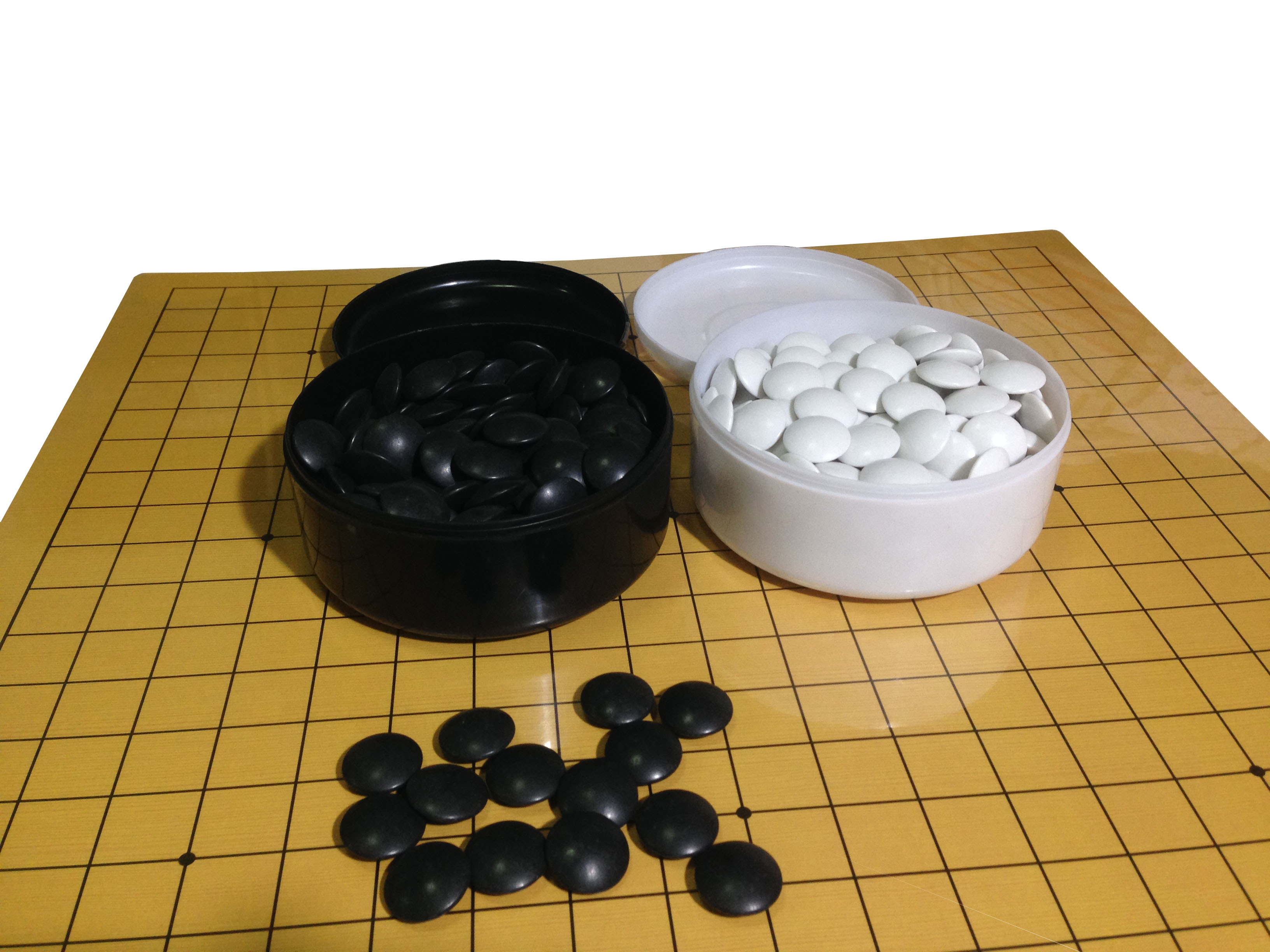 ชุดกระดานหมากล้อมไม้บาง0.3 cm.19x19เส้นและกระดานหมากรุกจีนพร้อมเม็ดหมากพลาสติกเม็ดนูนสองด้านแบบญี่ปุ่น