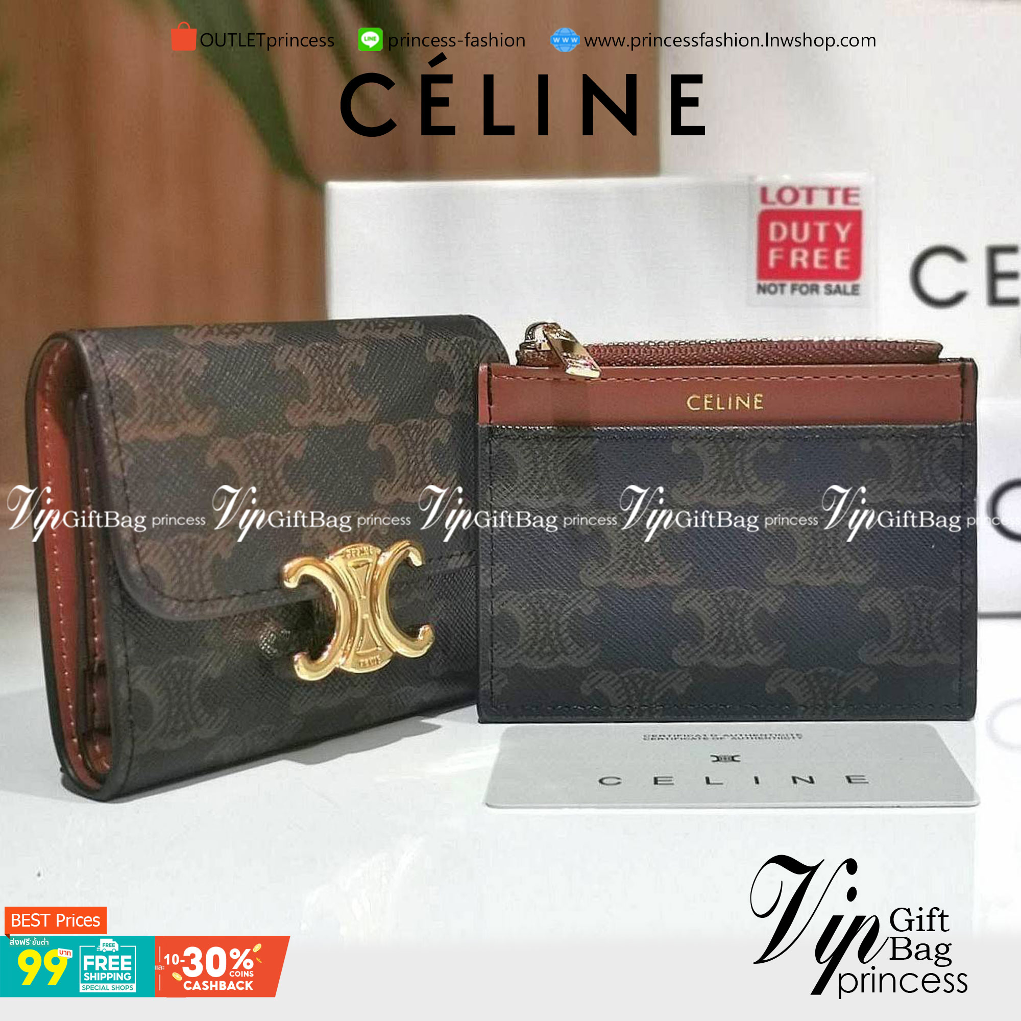 VIP 】CELINE SHORT WALLET VIP GIFT WITH PURCHASE GWP พรีเมี่ยมกิ๊ฟ Limited จาก CELINE HAUTE PARFUME DUTYFREE COUNTER วัสดุ Triomphe Canvas รุ่นใหม่เปิดปิดฝาพับกระดุม ภายในมีช่องแบ่งหลายช่อง ช่องใส่บัตรหลายช่อง ช่องใส่ธนบัตรใส่แบงก์พันได้เหมือนกระเป๋าสตางค์