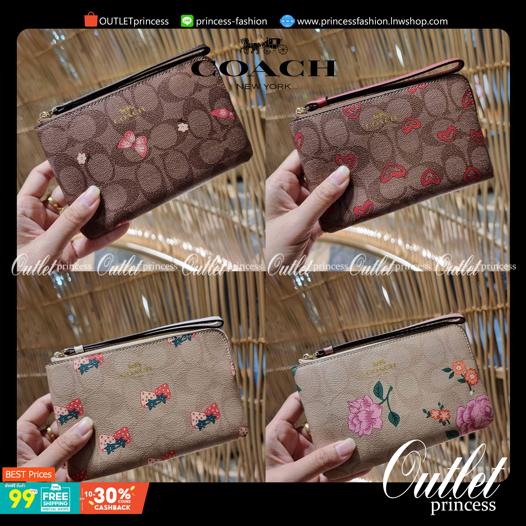 COACH 2972 CORNER ZIP WRISTLET IN SIGNATURE CANVAS WITH BUTTERFLY PRINT มาแล้วจ้า ไอเท็มสุดปัง!! ฮิตไม่เลิก!! พร้อมลวดลายสุดคิ้วท์ น่ารักน่าใช้ขึ้นไปอีก กระเป๋าคล้องมือ ขนาดเหมาะพกพา วัสดุหนังแคนวาส ภายในเป็นช่องโล่ง ใส่ธนบัตร หรือใส่บัตร ใส่เหรียญ ได้หมด