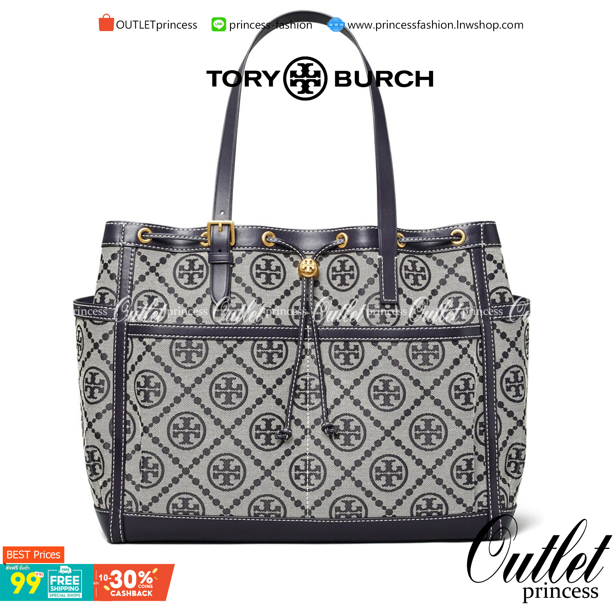 OUTLET 】TORY T MONOGRAM JACQUARD WFH TOTE กระเป๋าถือหรือสะพายไหล่ วัสดุ Canvas ปักษ์ลายแบรนด์ อะไหล่ทองสวยหรู น้ำหนักเบา จุของได้เยอะ ด้านหน้ามีกระเป๋าเล็ก2ช่อง ด้านหลัง2ช่อง ด้านในโล่ง มีช่องใหญ่1ช่อง ช่องเล็ก1ช่อง และอีก1ช่องซิป ใบใหญ่ Size XL ใส่เสื้อผ
