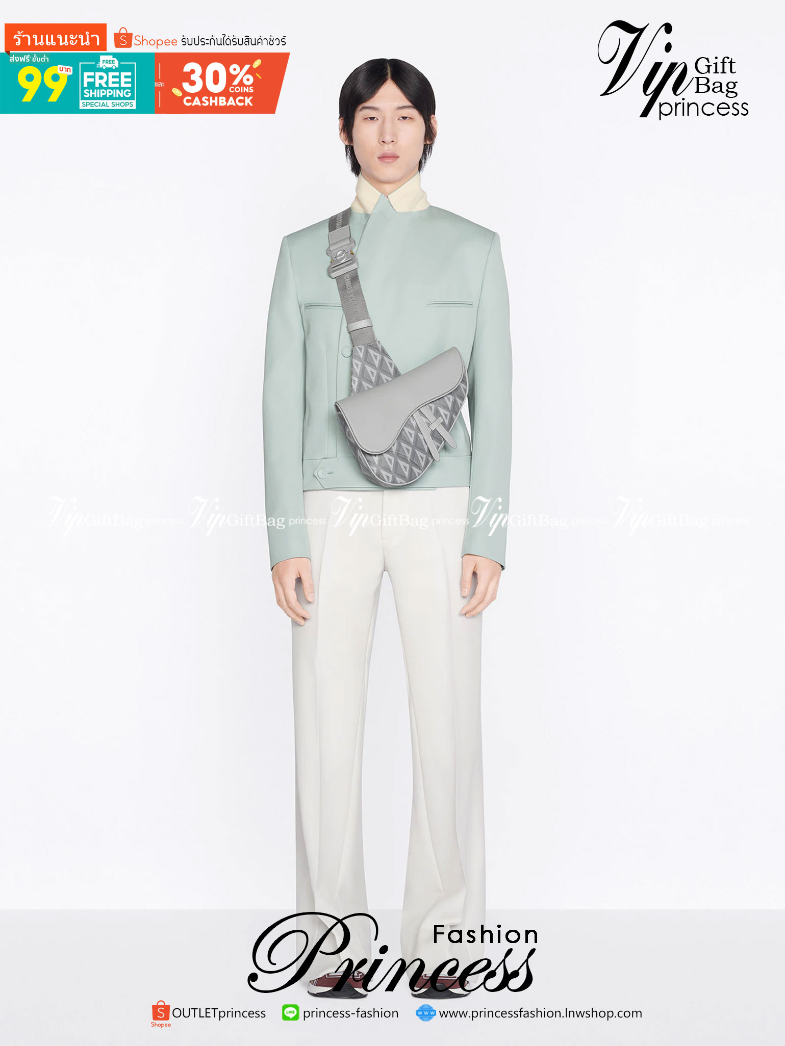 DIOR Saddle Bag Dior Gray CD Diamond Canvas and Smooth Calfskin / DIOR Saddle Belt Bag ภาพสินค้าถ่ายจากงานขายจริงใช้งานต่างประเทศได้