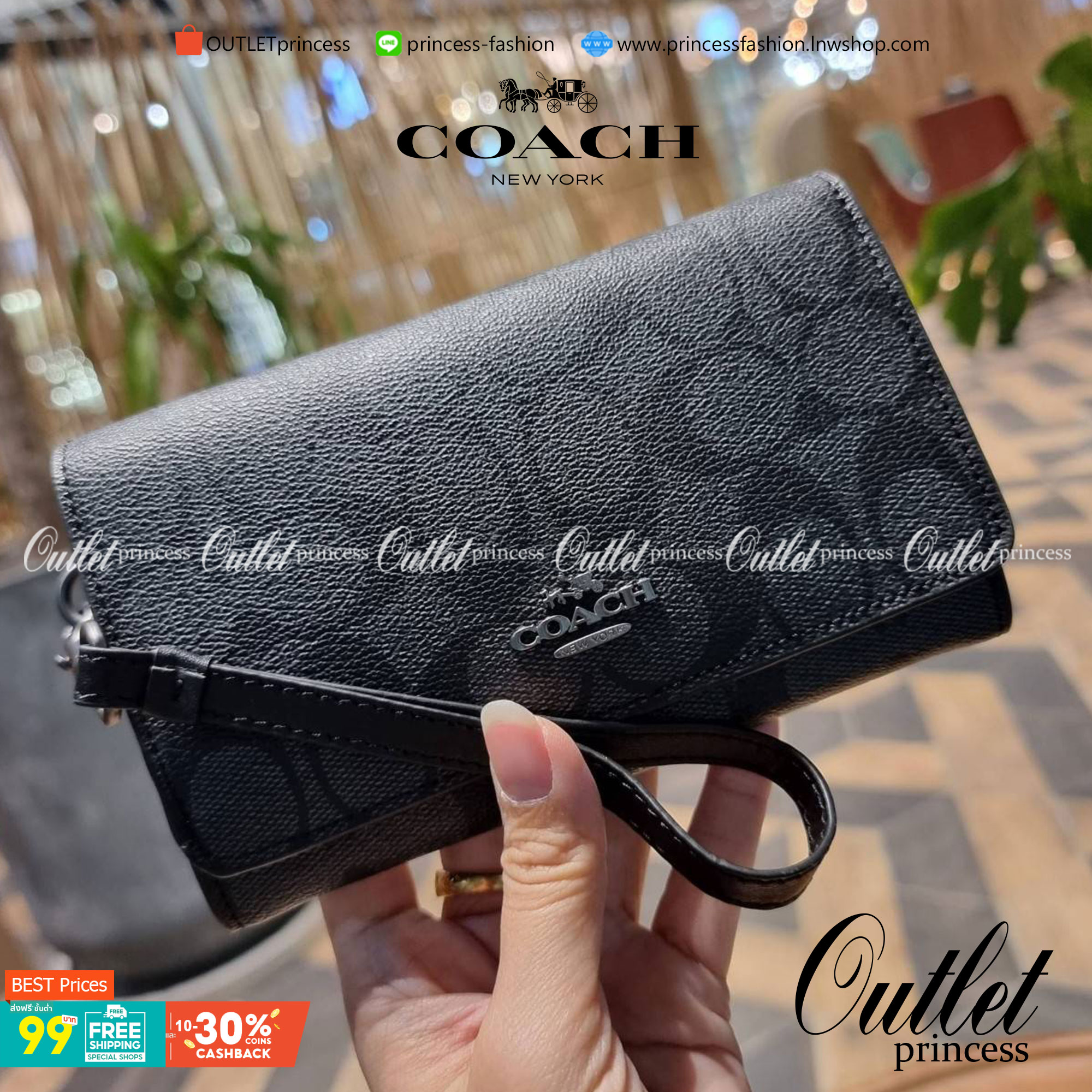 COACH F30205 FLAP PHONE WRISLET IN SIGNATURE CANVAS กระเป๋าสตางค์ 2IN1 มาอีกแล้วจ้า ความคลาสสิคที่จับต้องได้ ใช้งานได้สะดวกกว่าเดิม วัสดุหนังแคนวาสเคลือบลาย ภายในใส่ธนบัตร ใส่บัตรได้เยอะ มีช่องซิปแยก ใส่โทรศัพท์ได้ มาพร้อมสายคล้องมือ ใส่แขนไว้กันหล่นหาย ห