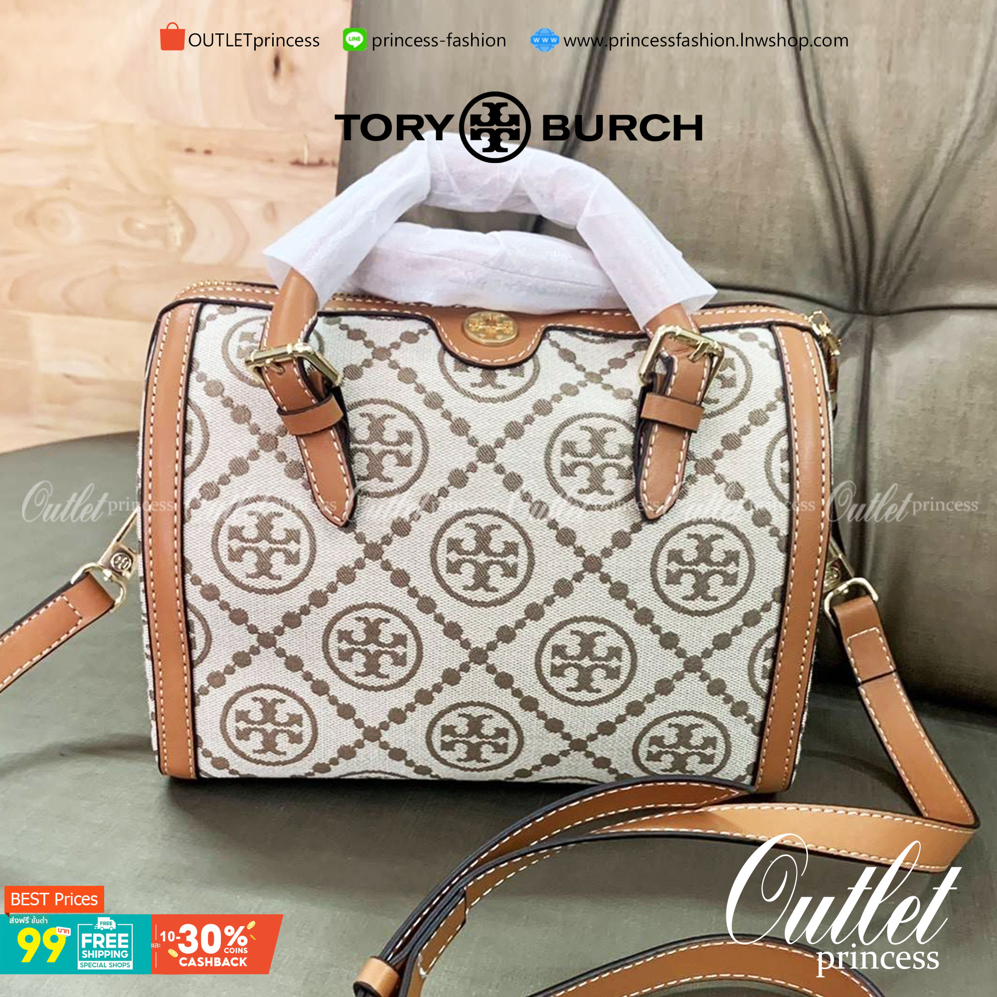 mini TORY BURCH FACTORY MONOGRAM JACQUARD BOSTON BAG กระเป๋าทรงหมอนรุ่นใหม่ล่าสุดจาก TORY BURCH FACTORY วัสดุ Woven Jacquard & Leather ในลาย Jacquard จะถือหรือสะพายก็สวยหรู ทรง Boston อะไหล่ทอง