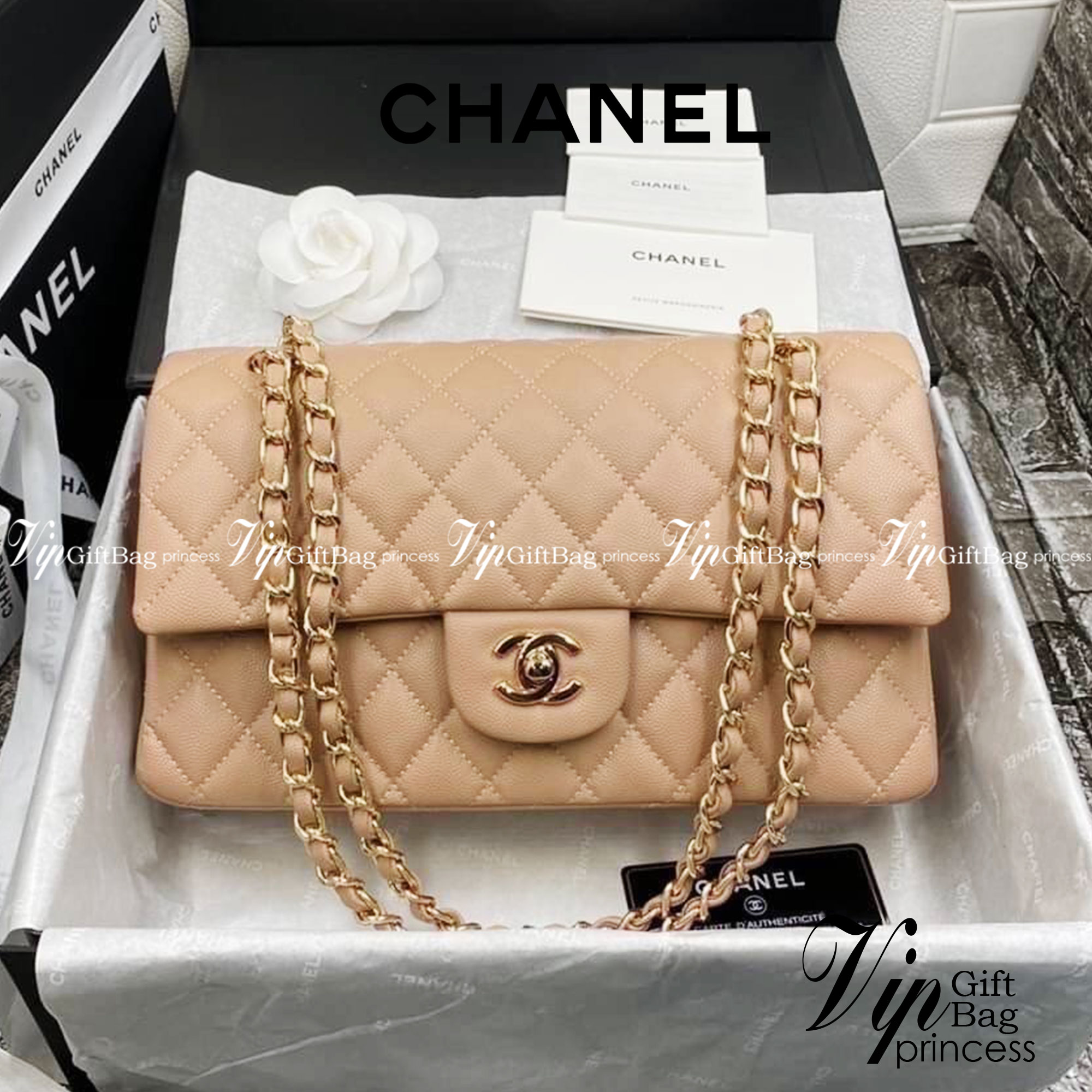 หนังแท้ CHANEL Classic Caviar 25cm กระเป๋าสะพายคลาสสิก หนังแกะและโลหะสีทอง ภาพสินค้าถ่ายจากงานขายจริง ใช้งานต่างประเทศได้