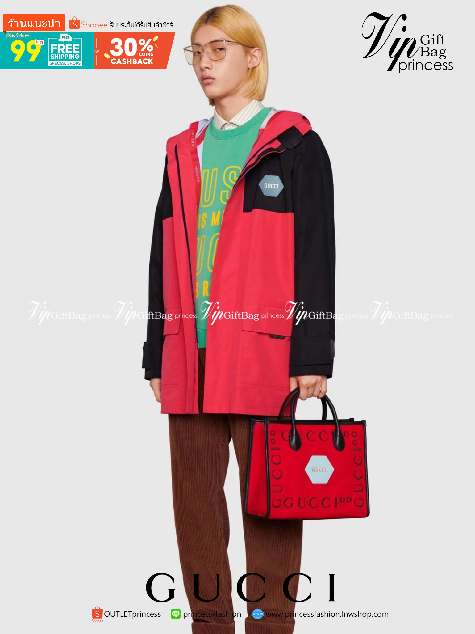 VIP 】Gucci 100 small tote bag Hibiscus red felt with Gucc100 print Black leather พร้อมส่งที่ไทย