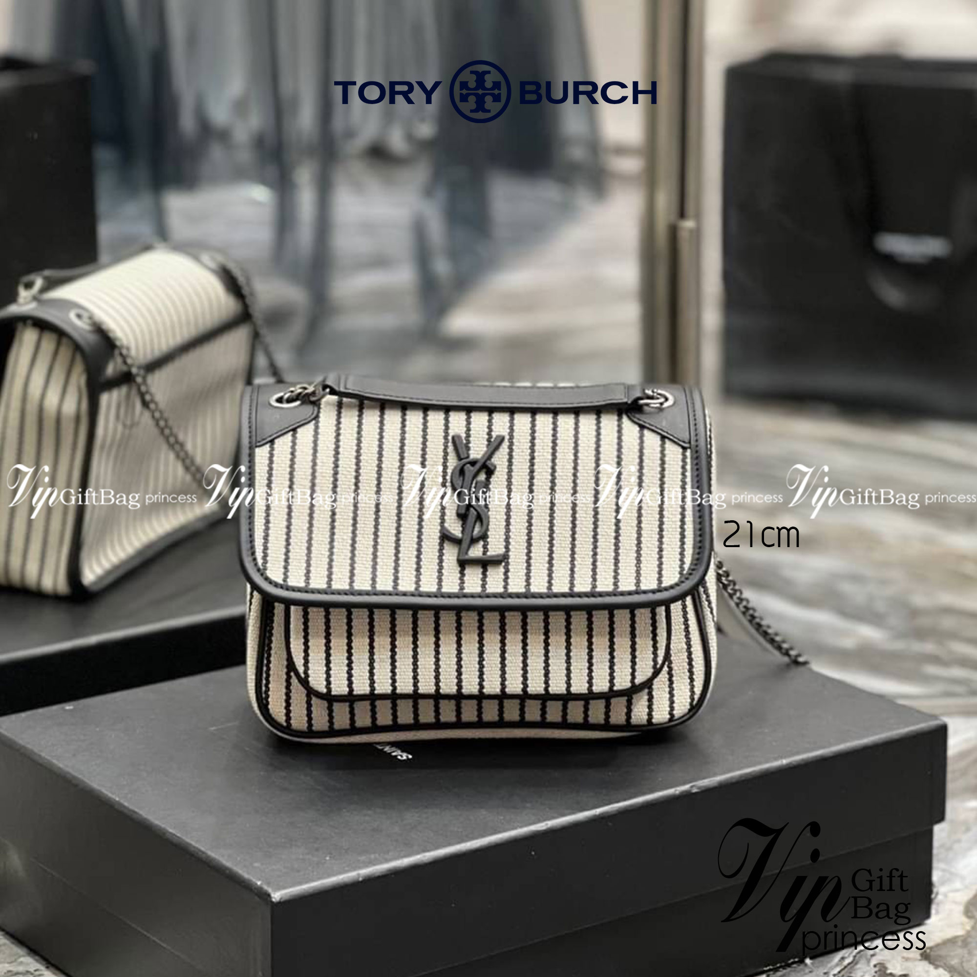YSL Niki mini Striped Canvas Shoulder Bag / YSL Niki Striped เกรดเทพ ออริจินอล งานหนังแท้และผ้าแคนวาสอย่างดี ภาพถ่ายจากงานขายจริง ใช้งานต่างประเทศได้