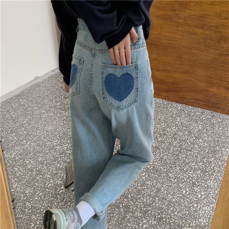 พร้อมส่ง 🌈 Aubrey pants กางเกงยีนส์ขายาวปักลายหัวใจ (I32183)