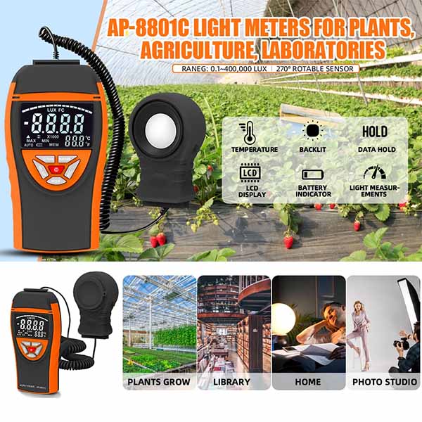 เครื่องวัดความเข้มแสง และอุณหภูมิ สำหรับปลูกผักไฮโดรโปนิกส์ โรงเรือน โรงงาน สำนักงาน ฯลฯ ช่วงวัด 0-400,000 lux/fc