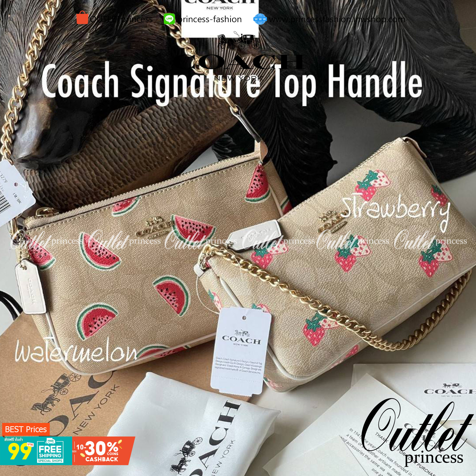 OUTLET 】Coach Signature Top Handle Coach Pouch with Strawberry, Watermelon, Ladybug พร้อมส่งที่ไทย เป็นอีกรุ่นหนึ่งที่ได้รับความนิยมในหมู่สาว ๆ ค่ะ นอกจากราคาจะไม่สูงแล้ว ยังมีรูปทรงที่น่าสนใจอีกด้วย กะทัดรัดแต่ใช้งานง่าย เหมาะกับทุกโอกาส สำหรับกระเป๋าคล้