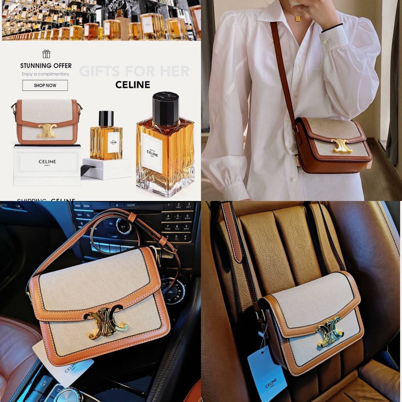 CELINE TRIOMPHE CROSSBODY BAG VIP GIFT WITH PURCHASE-GWP พรีเมี่ยมกิ๊ฟ Limited Edition จาก CELINE PERFUME DUTY FREE COUNTER วัสดุ TRIOMPHE CANVAS & LEATHER ทรงเหลี่ยมหนังสวยหรูอยู่ทรงเปิดปิดด้วยฝาปิดโลโก้แบรนด์อะไหล่ทอง