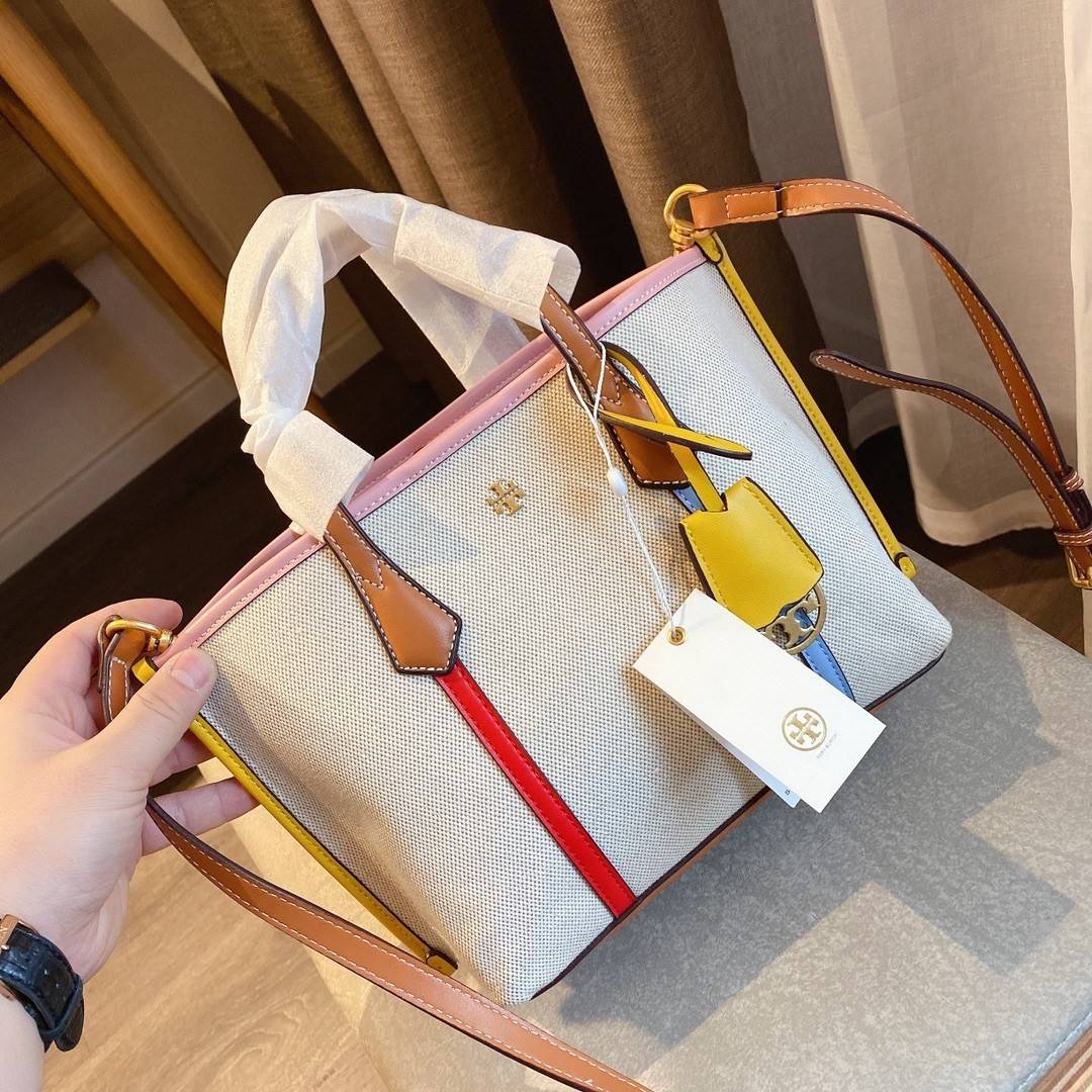 TORY BURCH SMALL CANVAS TOTE BAG กระเป๋าทรง SHOPPING ใบขนาดกลาง ผ้าแคนวาสคาดหนังแท้