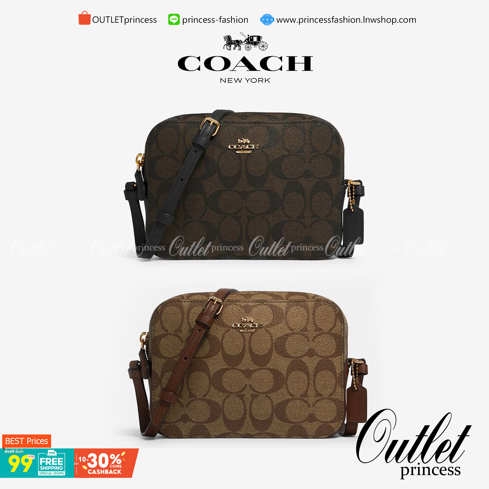 COACH 91677 MINI CAMERA BAG IN SIGNATURE CANVAS ขายดีที่สุด!! กระเป๋าสะพายข้างไซส์มินิ คลาสสิคอยู่ทรง อะไหล่ทองตัดดูหรู วัสดุหนังแคนวาสเคลือบลาย เปิด-ปิดด้วยซิป สายสะพายปรับได้ตามตัว ใบนี้แมทช์ได้ทุกลุค ใช้เป็น everyday bag ได้สบายๆเลยจ้า