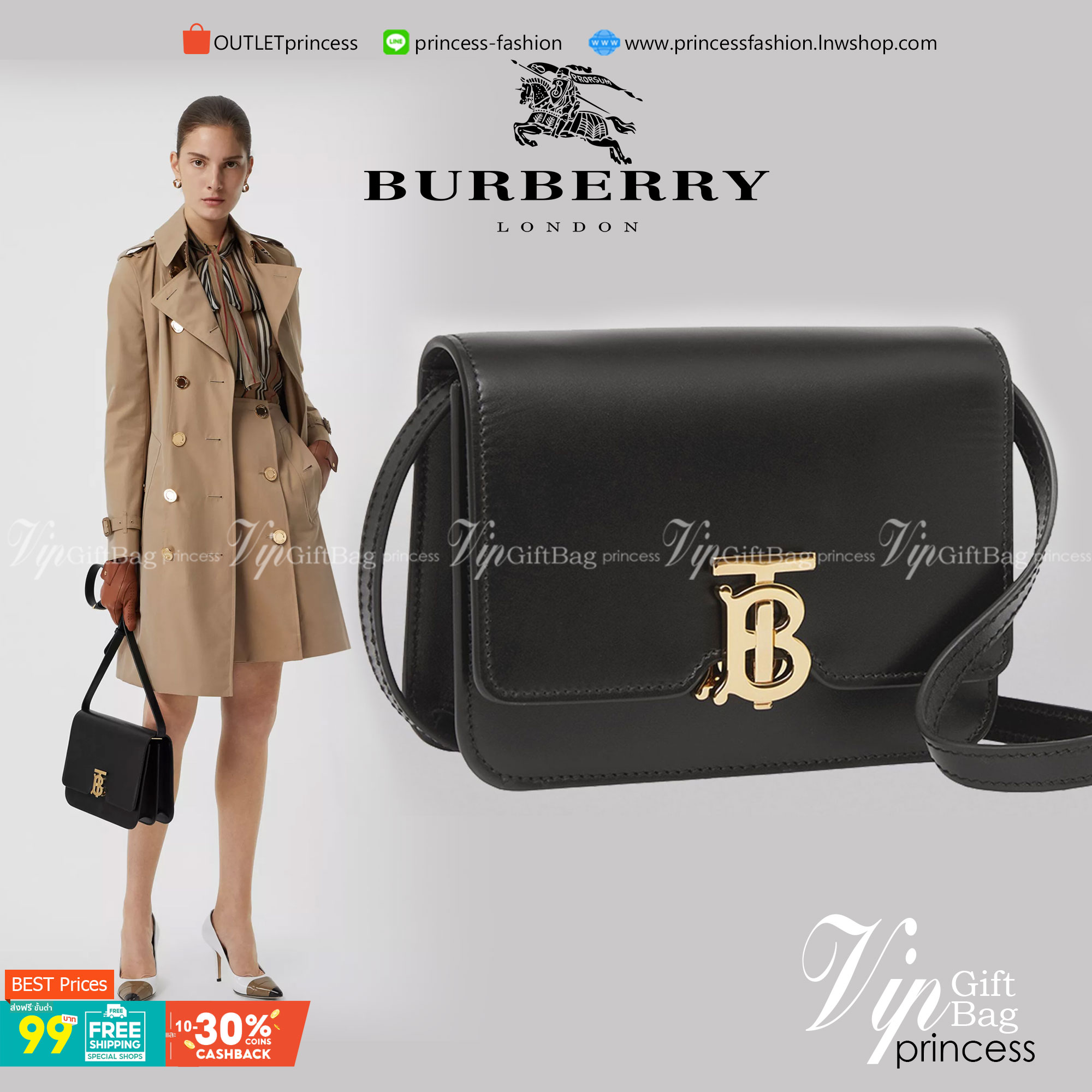 BURBERRY Leather Medium TB Bag / BURBERRY FRAGRANCES CROSSBODY BAG กระเป๋าสะพายหนังเรียบสวยอยู่ทรงดีไซน์ยอดนิยมประดับโลโก้แบรนด์ทองด้านหน้า เปิดปิดด้วยฝาปิดสัญลักษณ์ตัวB ภายในมีช่องแบ่งเป็นสัดส่วนมีช่องซิปหัวซิปแบรนด์