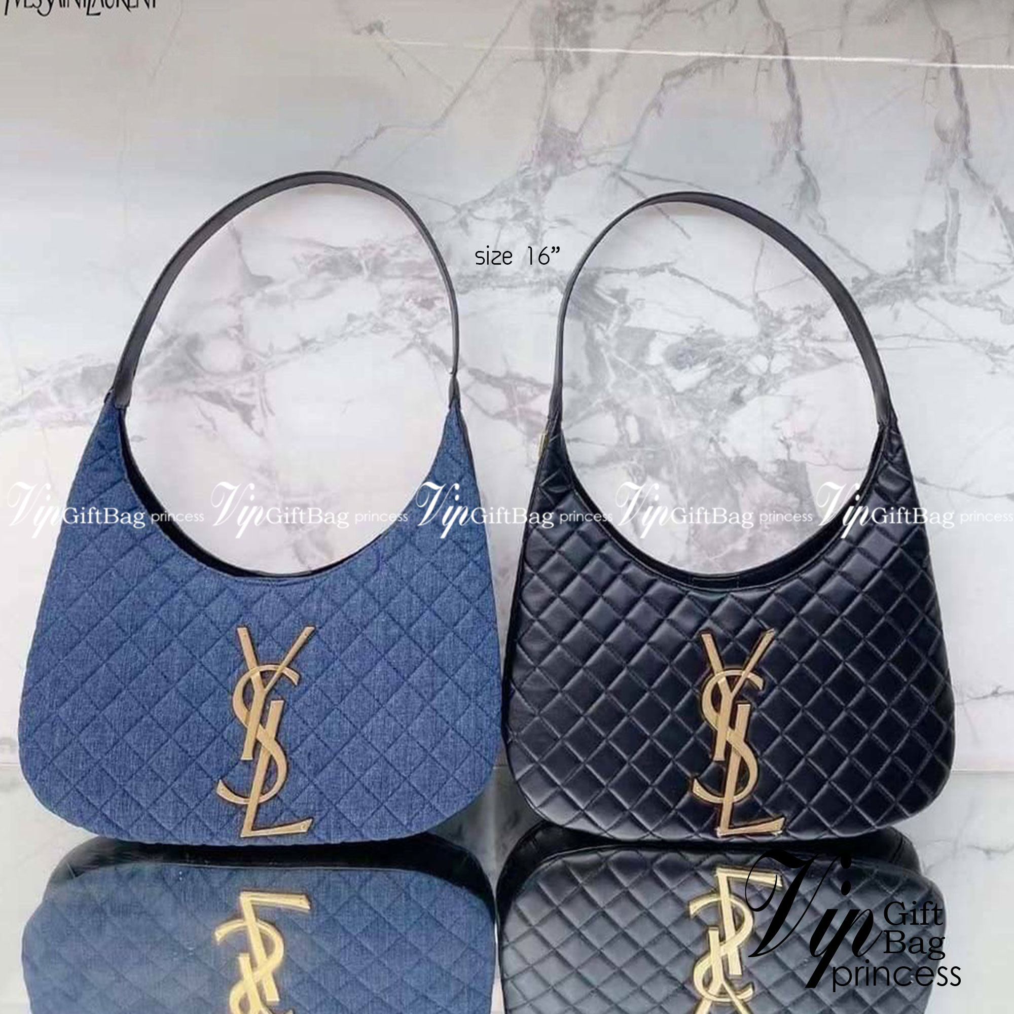 YSL Icare Maxi Shopping Bag In Quilted Lambskin 15" / YSL Icare Maxi Denim กระเป๋าสะพายใบใหญ่ มาพร้อมใบเล็ก หนังบุเย็บลายตาข่าย (Quilted Bag) ดีไซน์โฉบเฉี่ยวกว่าหลายระดับด้วยการประดับฮาร์ดแวร์ทองเหลืองในตัวอักษร Y.S.L สะดุดตา มอบสไตล์เรียบง่ายแต่คลาส