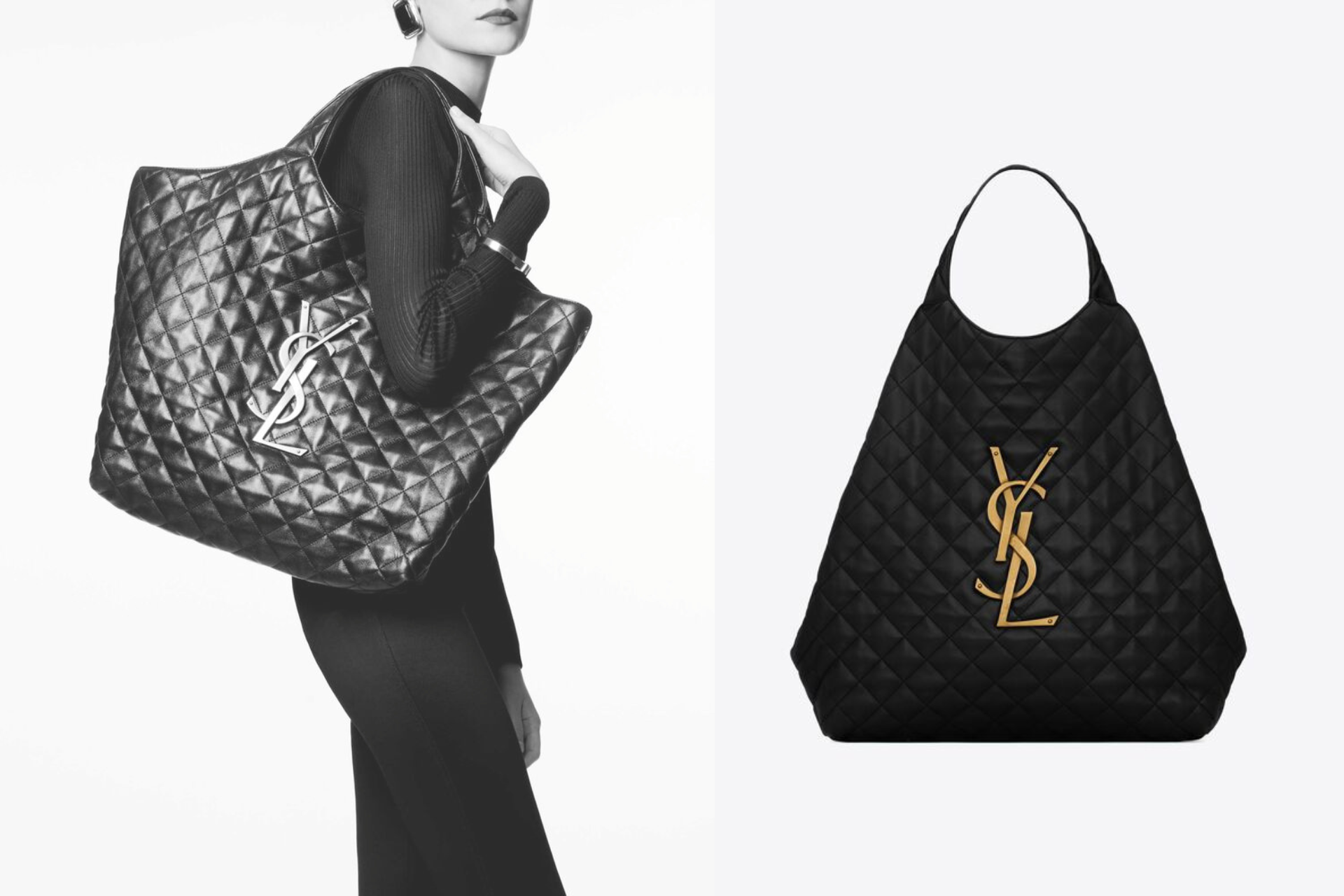 YSL icare maxi shopping bag in quilted lambskin / YSL tote bag กระเป๋าไซส์ใหญ่ พร้อมใบเล็ก หนังบุนิ่มเย็บลายตาข่าย (Quilted Bag) ดีไซน์คล้ายตะกร้าช็อปปิ้ง โฉบเฉี่ยวกว่าหลายระดับด้วยการประดับฮาร์ดแวร์ทองเหลืองในตัวอักษร YSL บนหนังสีดำสร้างความสะดุดตา มอบสไ