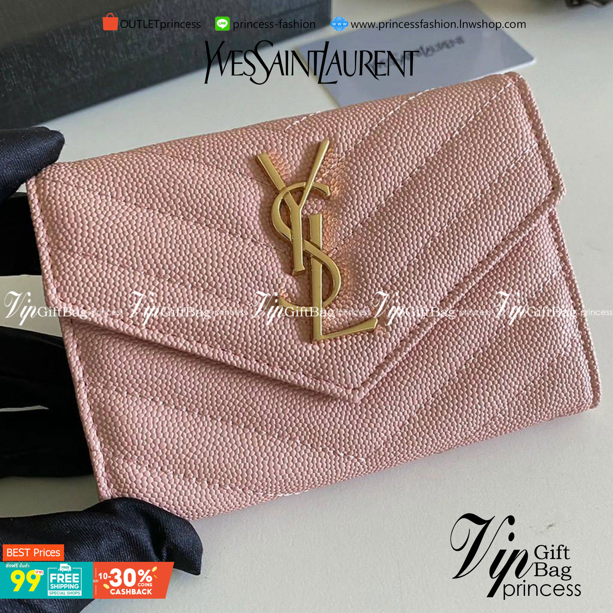 หนังแท้ 12cm YSL SAINT LAURENT GARD HOLDER Small Envelope Monogram Wallet