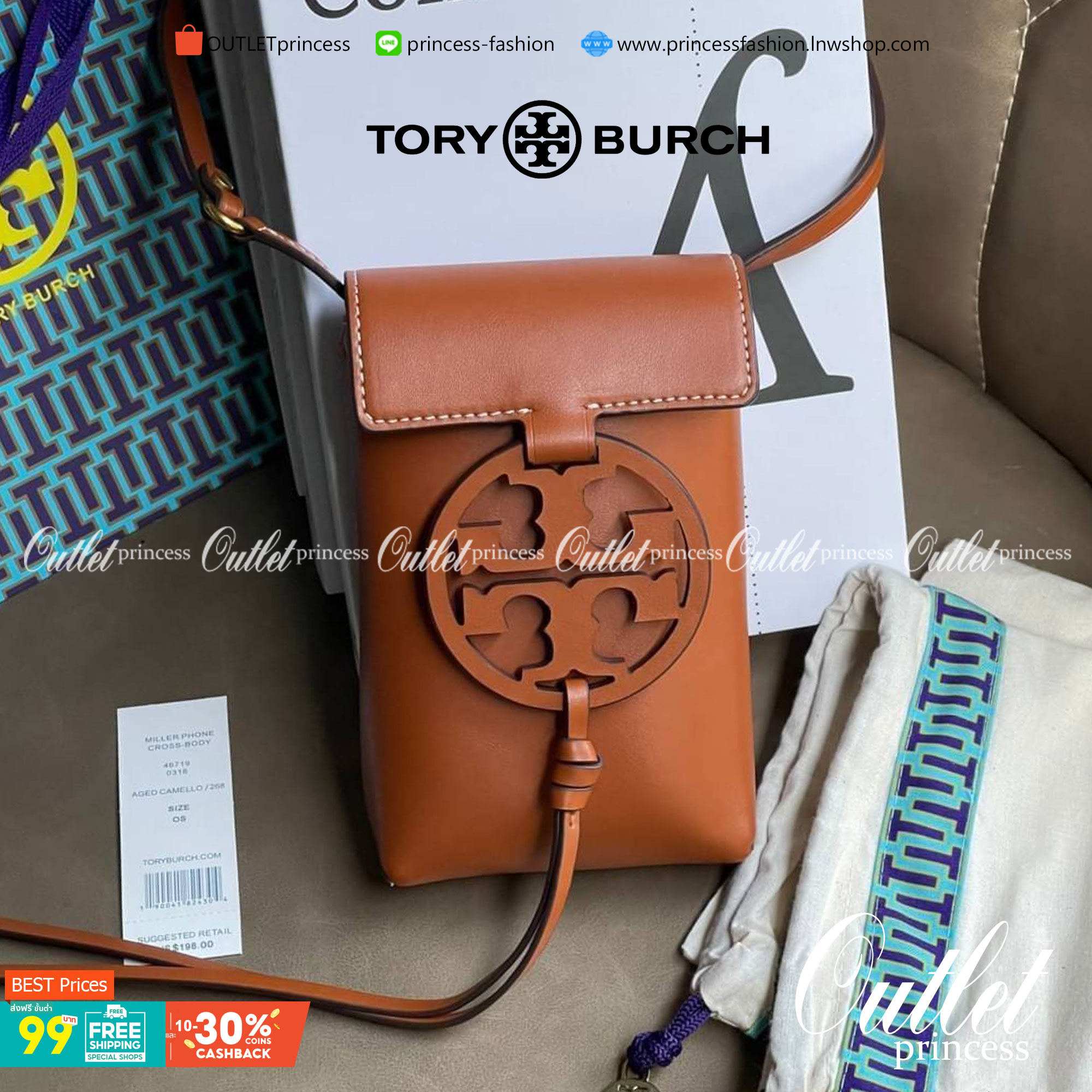 TORY BURCH MILLER METAL PHONE CROSSBODY อีกหนึ่งกระเป๋าใส่มือถือรุ่นฮิตที่เชื่อว่าหลาย ๆ คนต้องเคยเห็นผ่าน ๆ ตามาอย่างแน่นอน กับแบรนด์ Tory Burch ดีไซน์กระเป๋าทรงฝาพับแม่เหล็กใช้งานง่าย มาพร้อมดีเทล Logo สีเดียวกับเฉดสีของกระเป๋า แต่ยังมีความน่ารักด้วยทรง