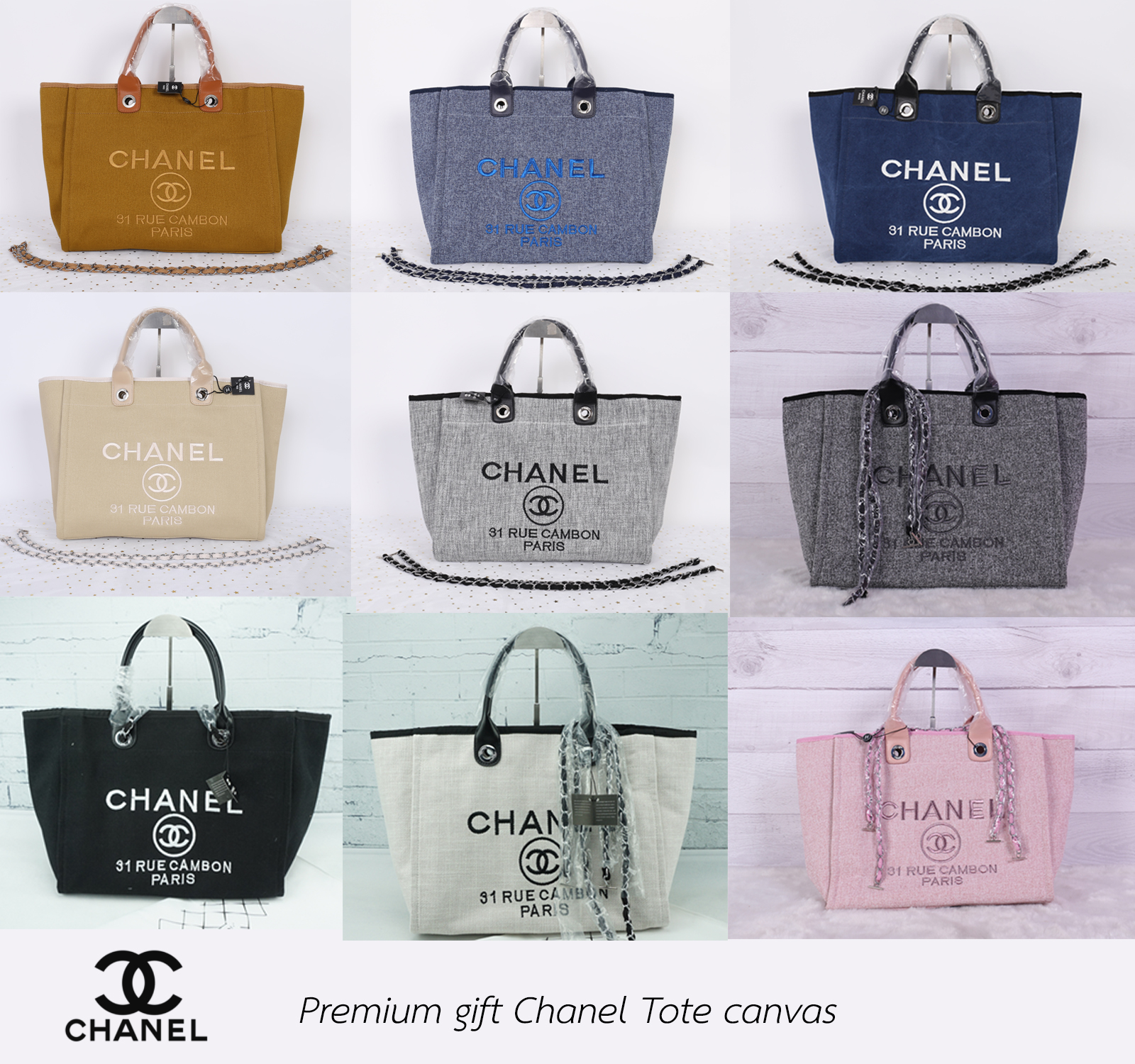 Chanel Tote canvas premium gift จากแบรนด์ Chanel กระเป๋าสะพาย Chanel Tote canvas โลโก้ปัก กระเป๋า ทรง Tote ผ้า canvas เนื้อหนาอย่างดี มีซับใน ด้านหน้าปักโลโก้แบรนด์หรู **จุดเด่นที่ หูจับมี 2 แบบคือ แบบสายหนัง และ โซ่ สามารถ สะพายไหล่ได้คะ ใบใหญุจุของคุ้ม 