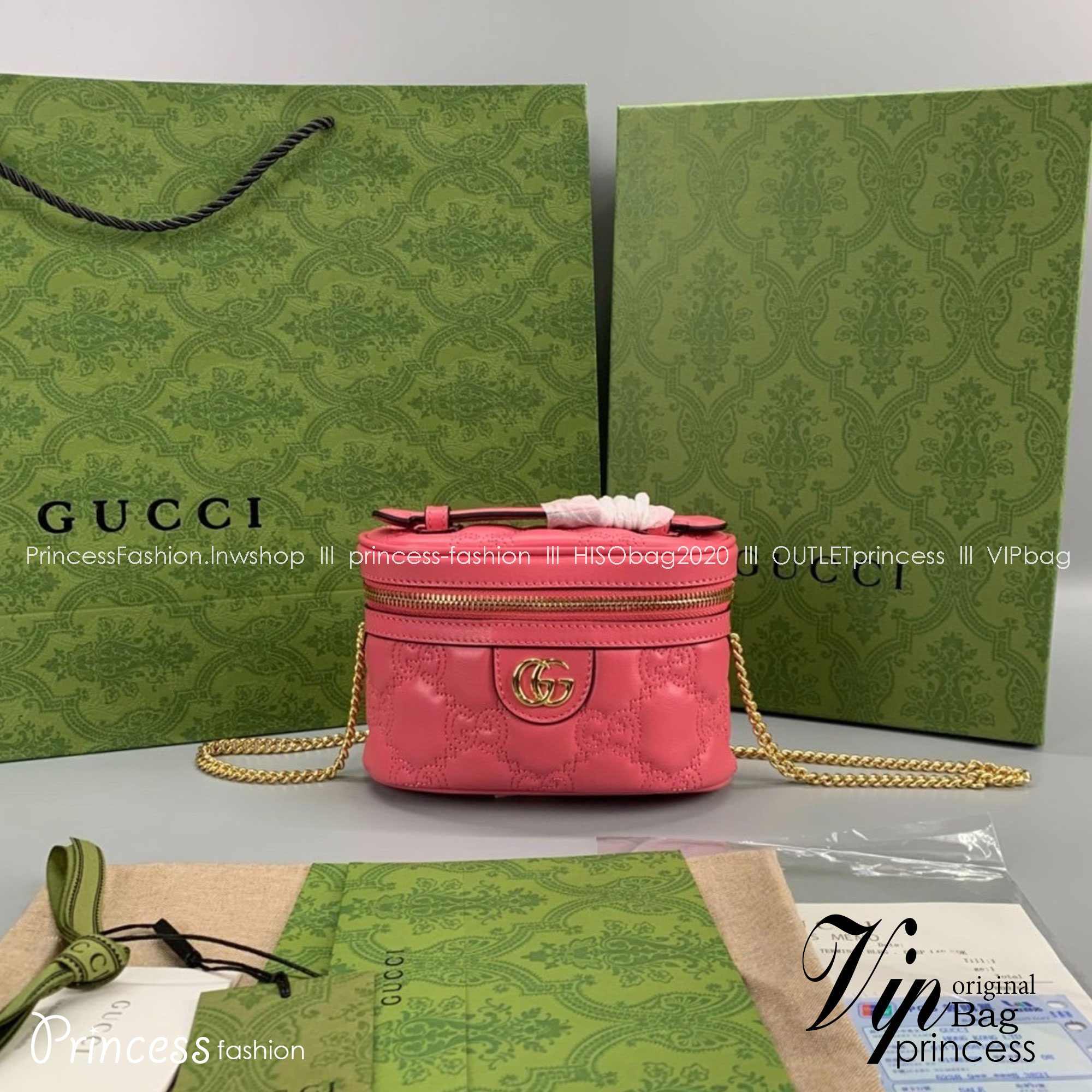 GUCCI GG MATELASSE TOP HANDLE MINI BAG กระเป๋าสะพายไซส์มินิพร้อมสายโซ่สีชมพู หนังแท้ เกรดออริจินอล 1:1 เกรดดีสุด สลับแท้