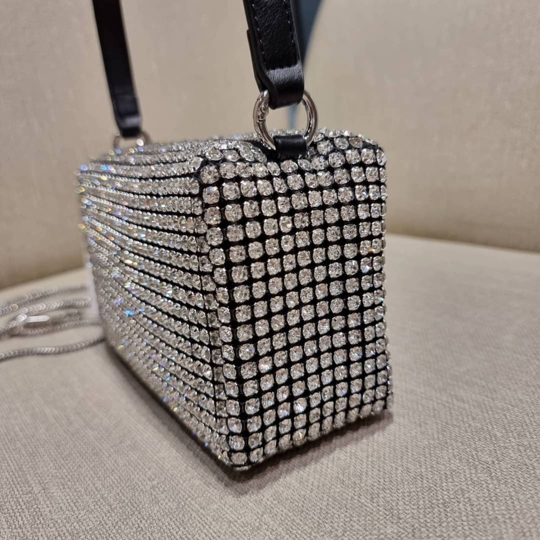 ALEXANDER WANG HEIRESS POUCH IN RHINESTONE MESH จัดให้แบบสุดตัว กับไอเท็มที่สาวๆต่างเรียกร้อง กับกระเป๋าพอชตกแต่งพลอยเทียม หรูหรา โดดเด่น ดูแพง ด้วยการตัดเย็บเรียงร้อยลงบนตาข่ายเนื้อละเอียด ทำให้ดูดีมีราคางดงามจริงๆ เปิด-ปิดด้วยซิป ขนาดกำลังสวย ภายในเป็นช