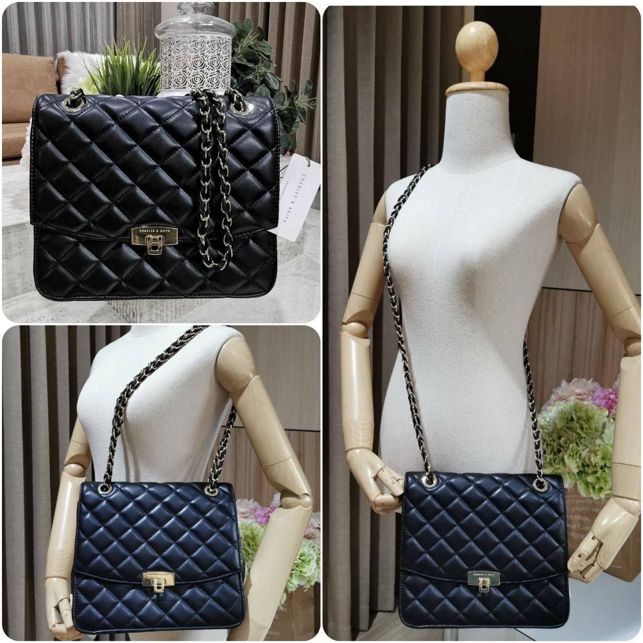 CHARLES & KIETH DETAIL CROSSBODY BAG กระเป๋าสะพายทรงเหลี่ยมดีไซน์สวยหรูคลาสสิควัสดุหนังนิ่มลายตารางอยู่ทรงสไตล์ Chanel เปิดปิดด้วยตัวล๊อคแบบพับอะไหล่ทองปั้มโลโก้ด้านหน้าสวยดูดี พร้อมสายสะพายโซ่ร้อยหนังสามารถสะพายไหล่หรือ Crossbody ก็ดูดี ภายในมีโลโก้และหน