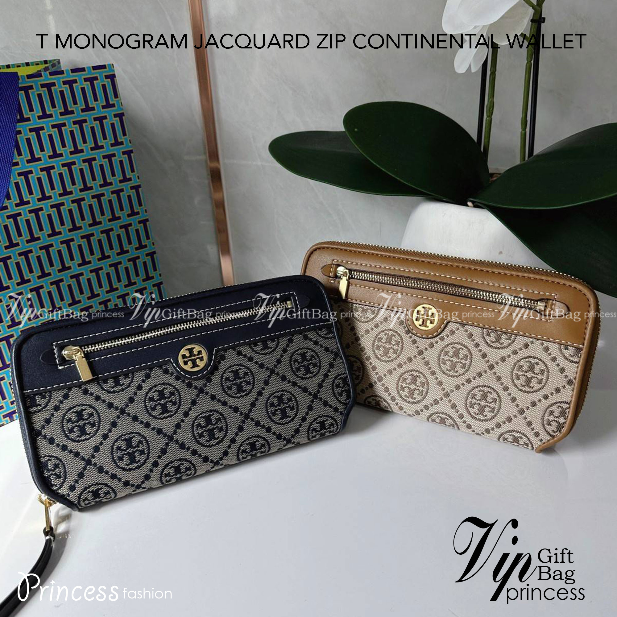 TORY BURCH T MONOGRAM JACQUARD ZIP CONTINENTAL WALLET 79383 กระเป๋าสตางค์ผ้าแคนวาสลายโมโนแกรมตัว T