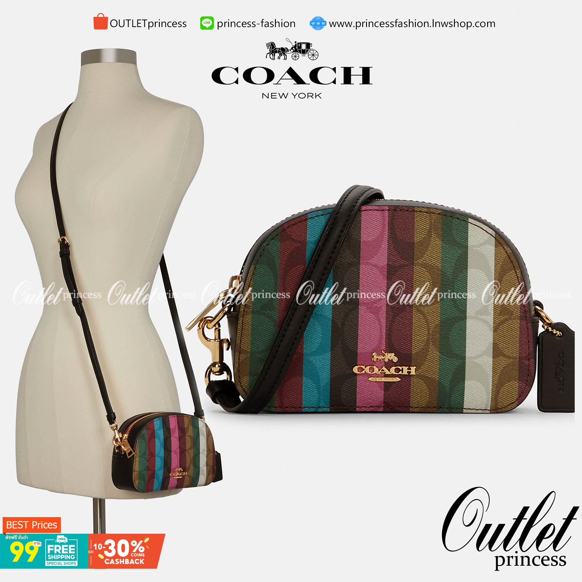 OUTLET 】COACH C5590 MINI SERENA CROSSBODY IN SIGNATURE CANVAS WITH STRIPE PRINT มาจ้าแม่ มาหนักๆอีกแล้ว กับคอลเลคชั่นที่ขายดี ขายหมด ไม่เคยพอจะขาย!! มินิเซเรนา ดีไซน์สดใส น่ารักน่าใช้ที่สุด วัสดุหนังแคนวาสเคลือบลาย เปิด-ปิดด้วยซิป สะดวกใช้ ภายในเป็นช่องโล