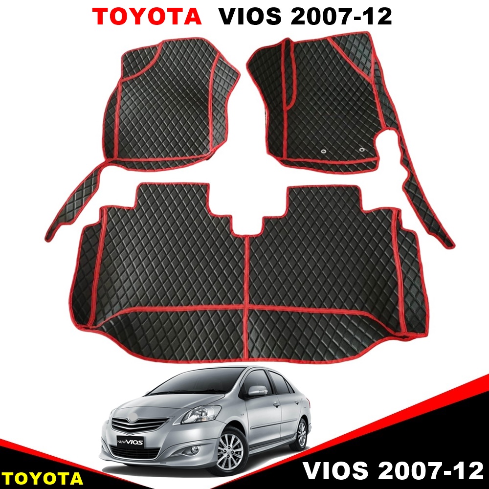 พรมปูพื้นรถยนต์ TOYOTA VIOS ปี2007-2012 พรมลายไดมอนด์ สีดำขอบแดง เต็มคัน (พร้อมส่ง)