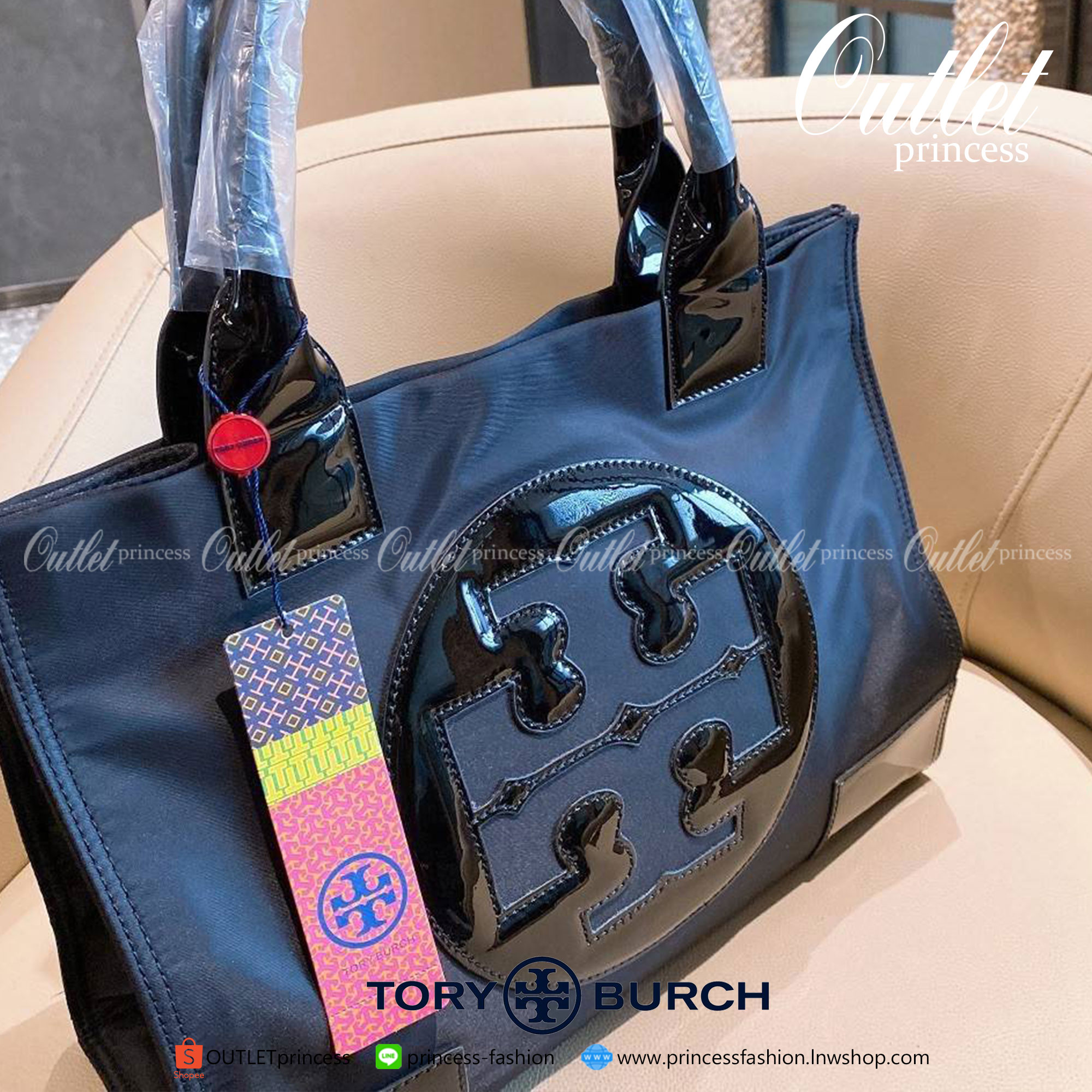 TORY BURCH ELLA PATENT MINI TOTE TOTE BAG กระเป๋าทรง SHOPPING วัสดุ NYLON ทั้งใบตัดด้วยหนังแก้วเงาสีดำ
