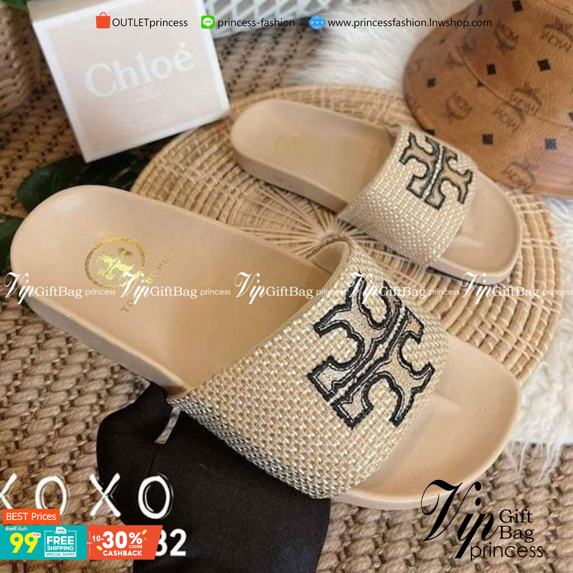 Tory Burch Sandels งานสวม ใส่สบาย พื้นยางนุ่ม วัสดุผ้ากระสอบ ปักลายโลโก้แบรนด์ สวยมาก งานเรียบร้อย