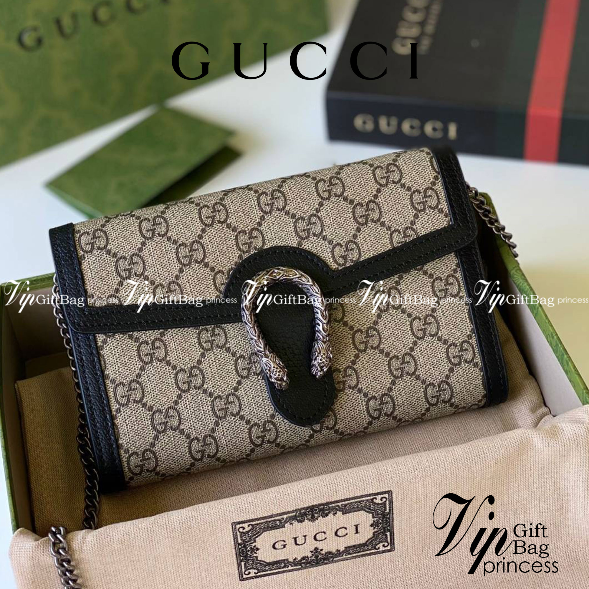 หนังแท้ GUCCI Dionysus mini chain bag / GG Dionysus Wallet Beige and Black GG Supreme canvas พร้อมส่งที่ไทย งานหนังแท้และผ้าแจ็คการ์ดออร์แกนิกอย่างดี พร้อมส่งที่ไทย ภาพสินค้าถ่ายจากงานขายจริง ใช้งานต่างประเทศได้