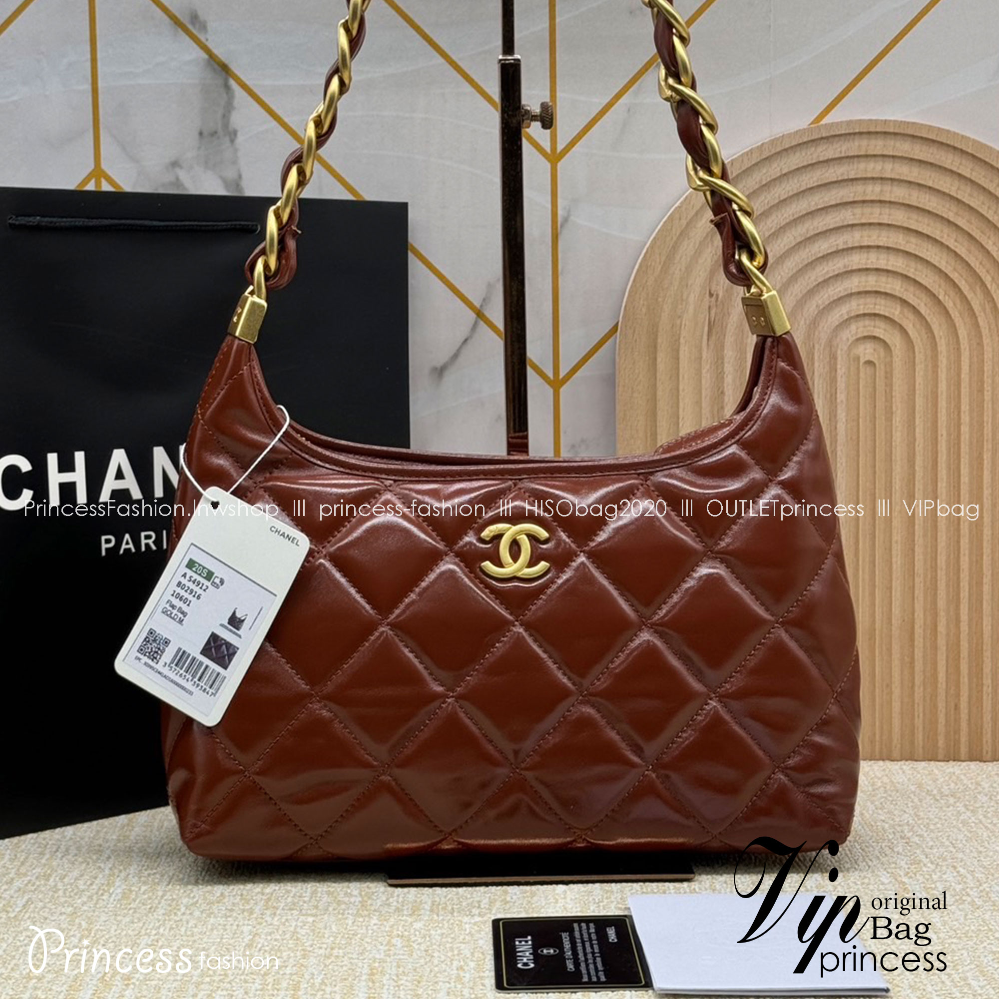 CHANEL HOBO BAG Shiny Leather & Gold-Tone Metal 26cm กระเป๋าทรงโฮโบ ดีไซส์สวยเรียบหรู เกรดออริ สลับแท้ 1:1 ใช้งานต่างประเทศได้