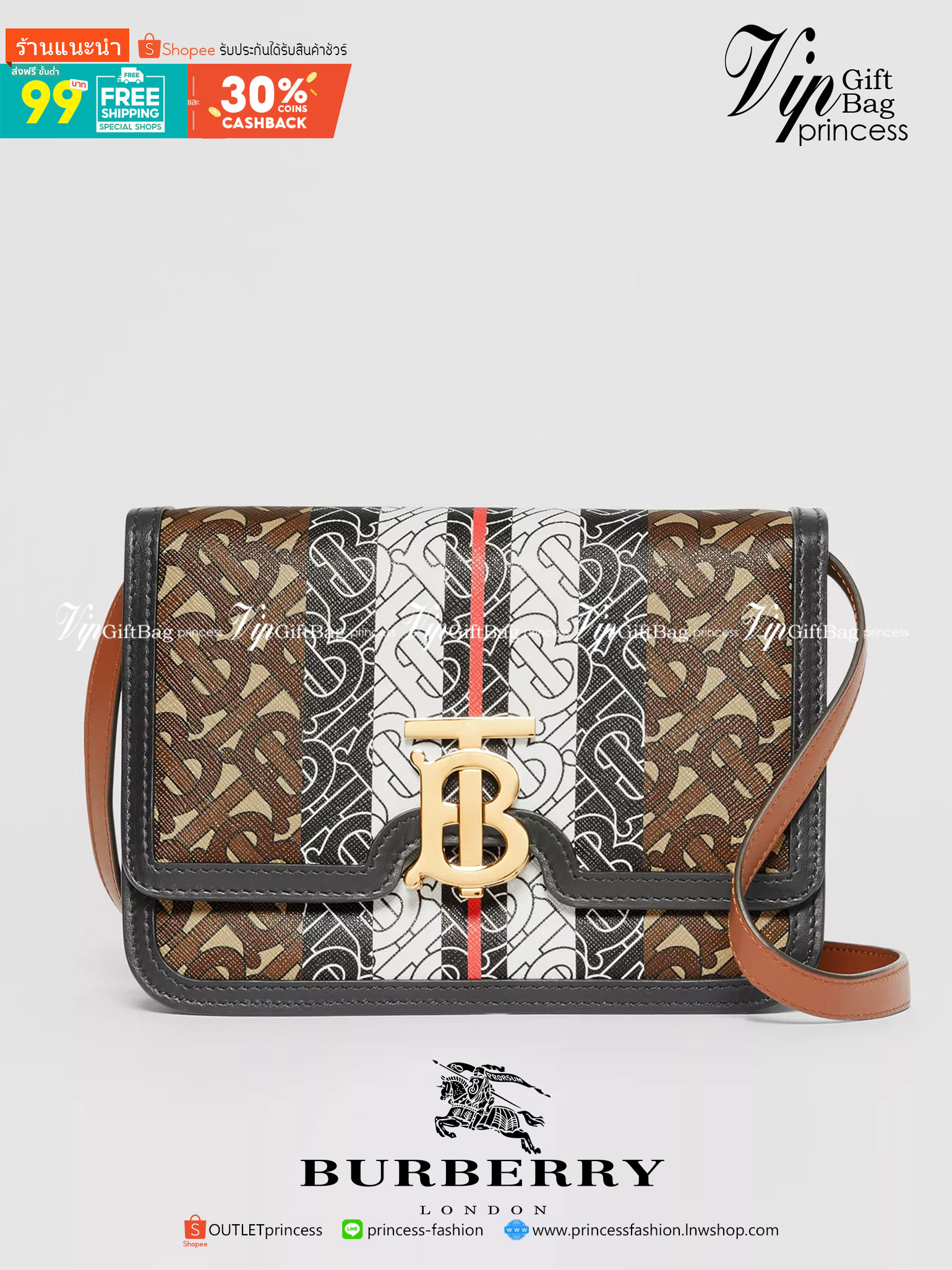 VIP หนังแท้ 】BURBERRY Brown TB-Print Canvas and Leather Crossbody Bag กระเป๋าสะพายวัสดุหนังแท้ ขึ้นลายแบรนด์โมโนเเกรมคอลเลคชั่นใหม่ทรงเหลี่ยมสวยหรูดูดี เปิดปิดด้วยฝาปิดสัญลักษณ์รูปตัวB ภายในมีช่องแบ่งเป็นสัดส่วนสามารถใส่มือถือ iphone เงิน ของจุกจิกได้ หัว