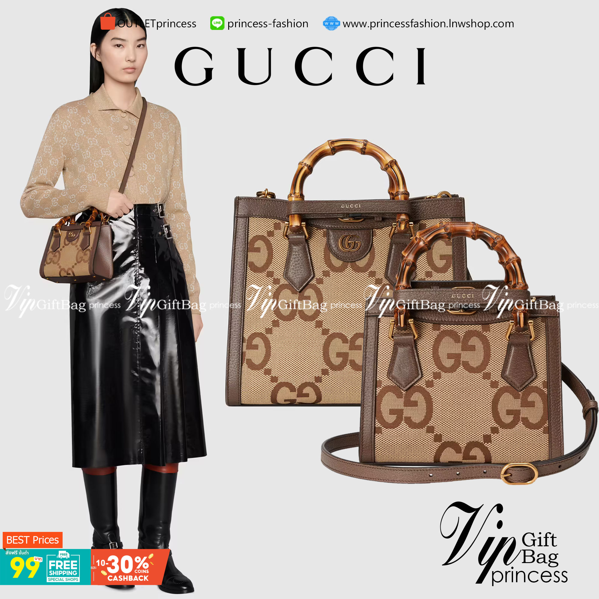 หนังแท้ Gucci Diana jumbo GG tote bag Mini พร้อมส่งที่ไทย Brown Camel and ebony jumbo GG canvas ภาพสินค้าถ่ายจากงานขายจริง ใช้งานต่างประเทศได้ค่ะ
