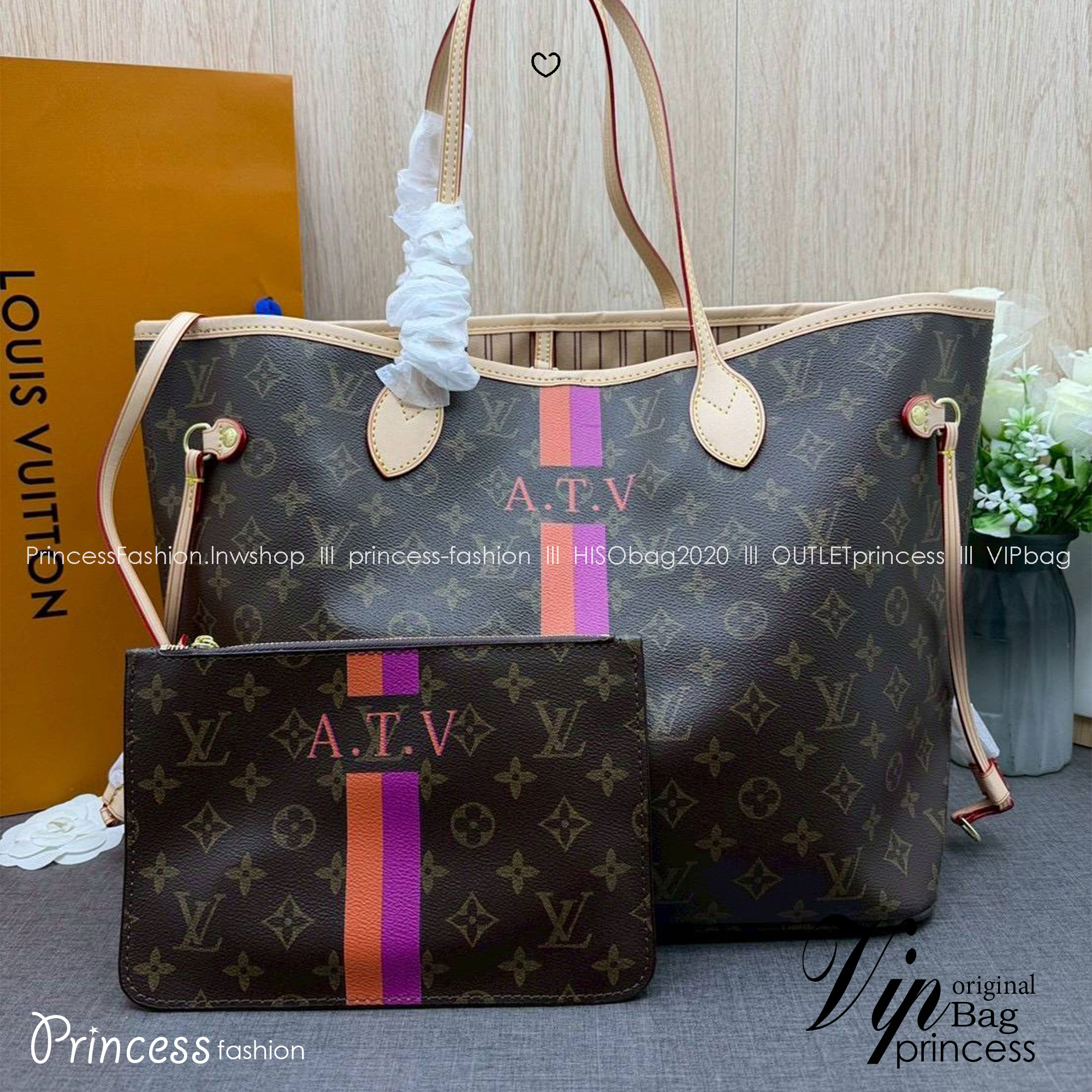 ORI หนังแท้ | LV Neverfull MM Mon Monogram / LV Tote Bag กระเป๋าสะพายทรงโท้ทใบใหญ่ คาดแถบชมพู