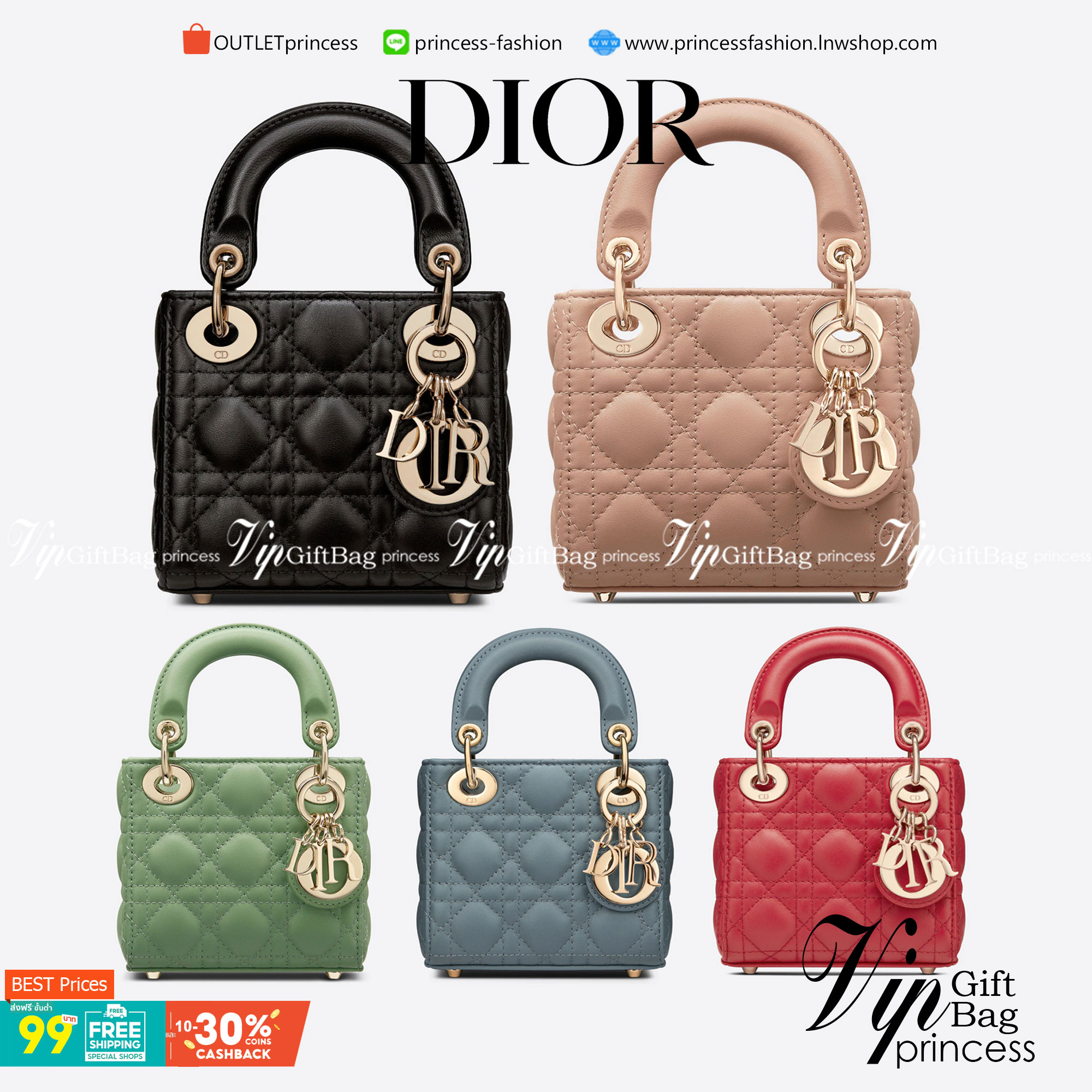 VIP 】หนังแท้ CHRISTIAN DIOR MICRO LADY DIOR BAG Cannage Lambskin